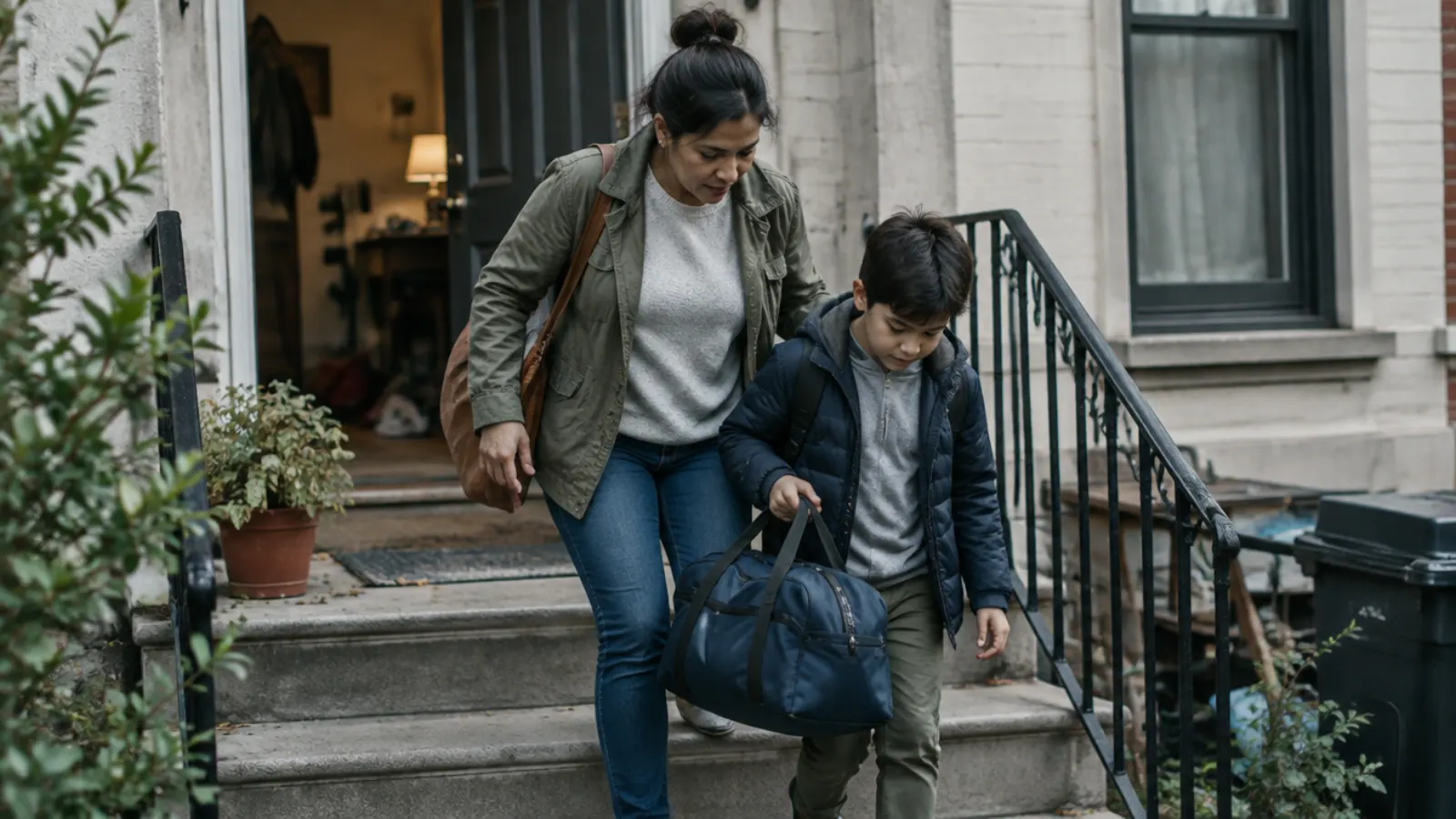 A mother helps her son carry a navy duffel bag down the front steps of a brick townhouse.