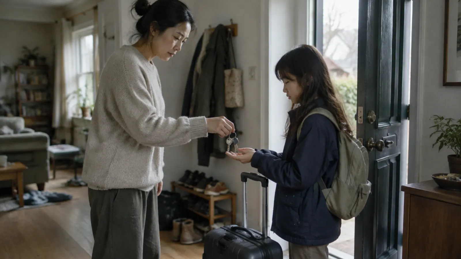 A mother hands her daughter a set of keys by the front door, a small rolling suitcase beside them.