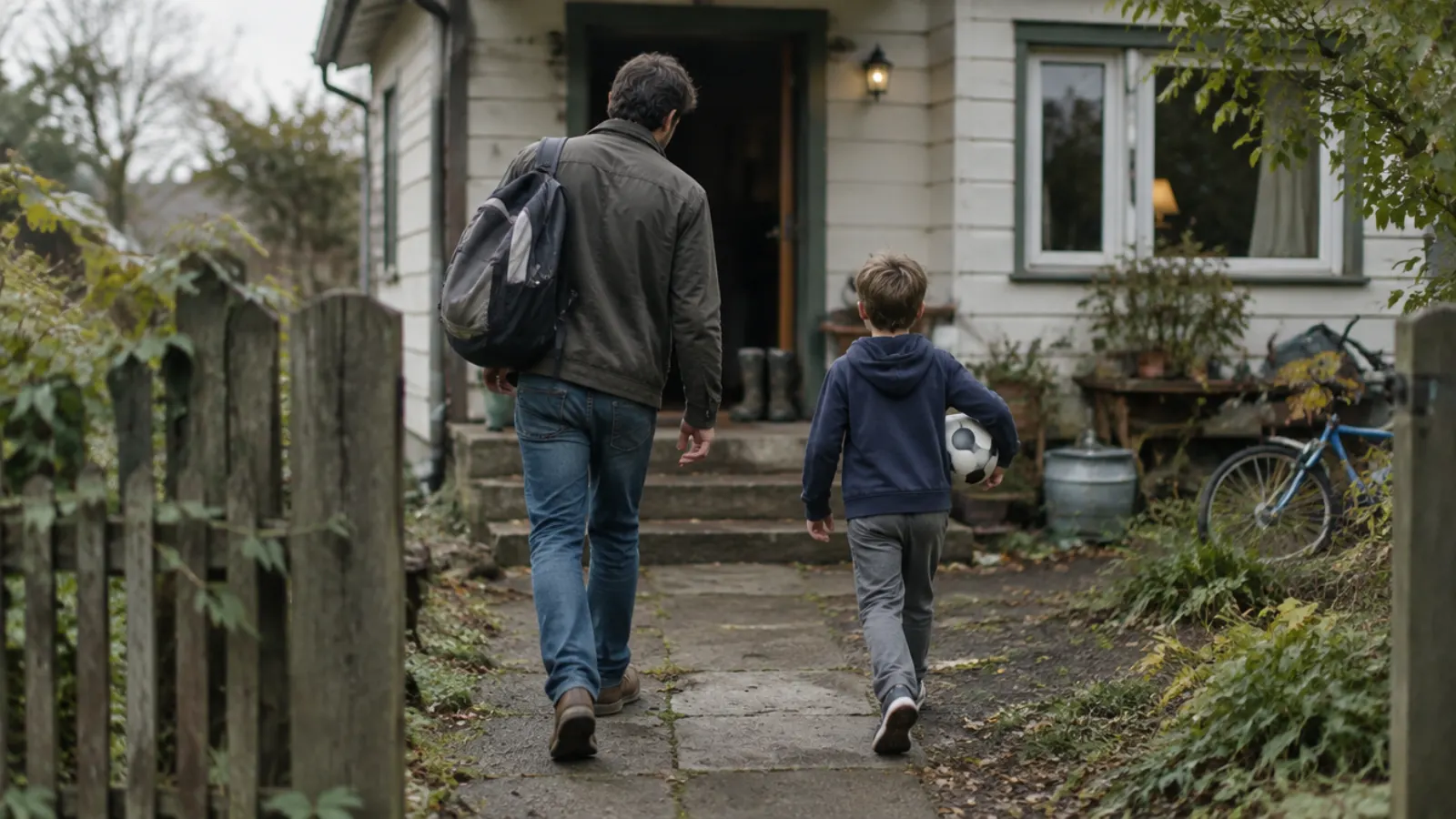 A father carrying a backpack and his son holding a soccer ball walk up the path to a small house.
