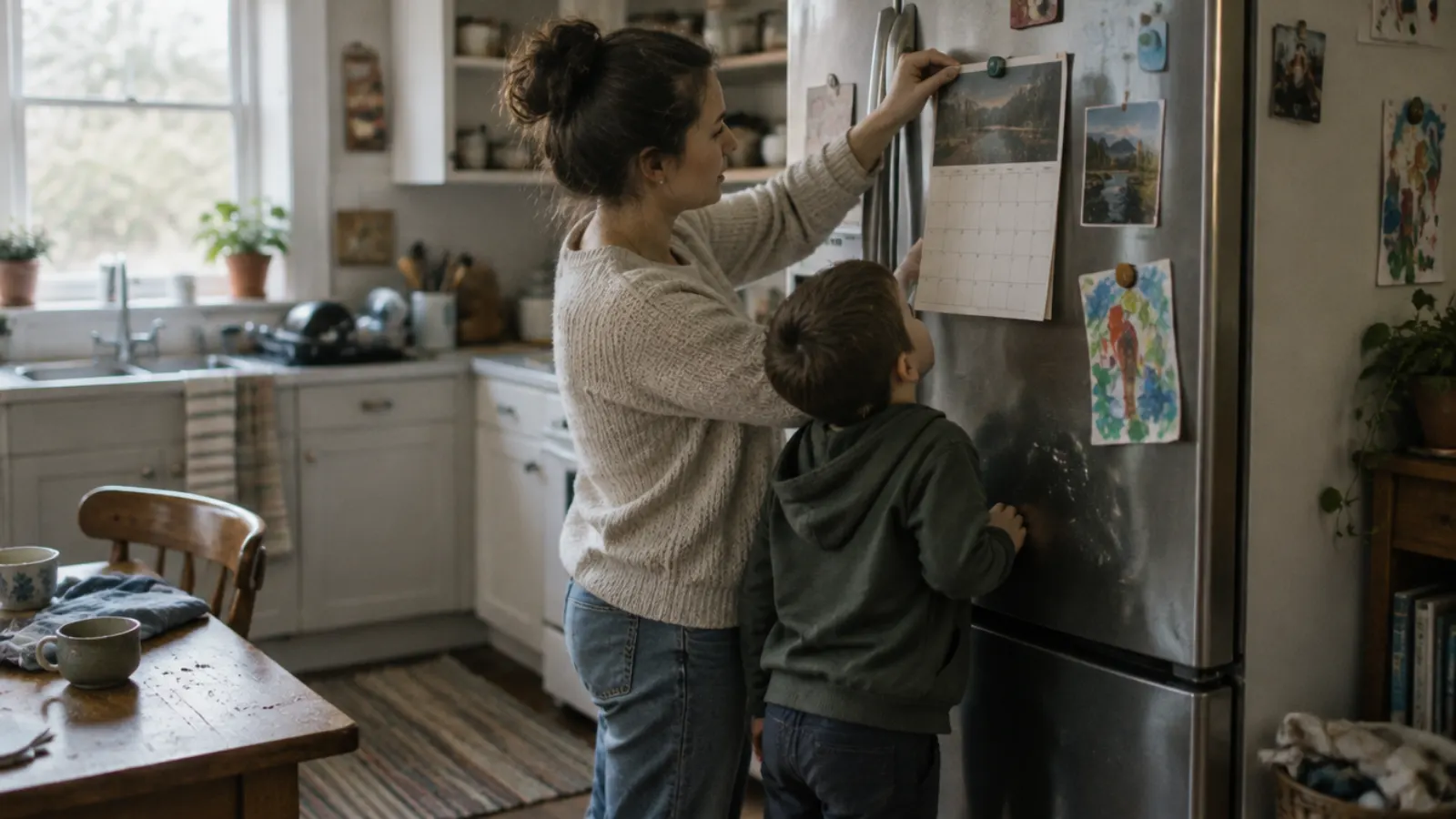 A mother pins a paper calendar to the refrigerator while her young son stretches up to look at it.