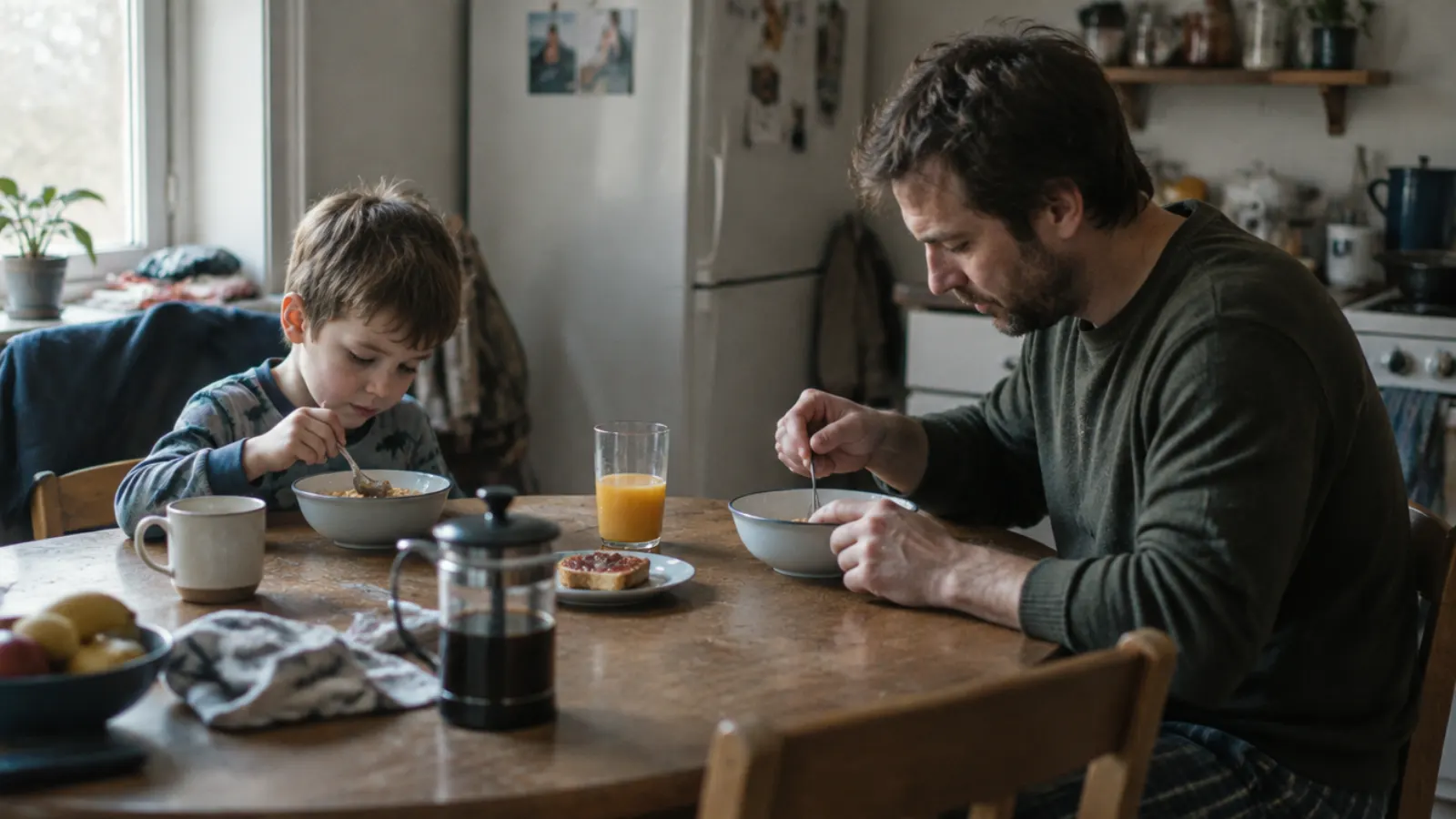 A father and his young son eat cereal together at a small round kitchen table in the morning.