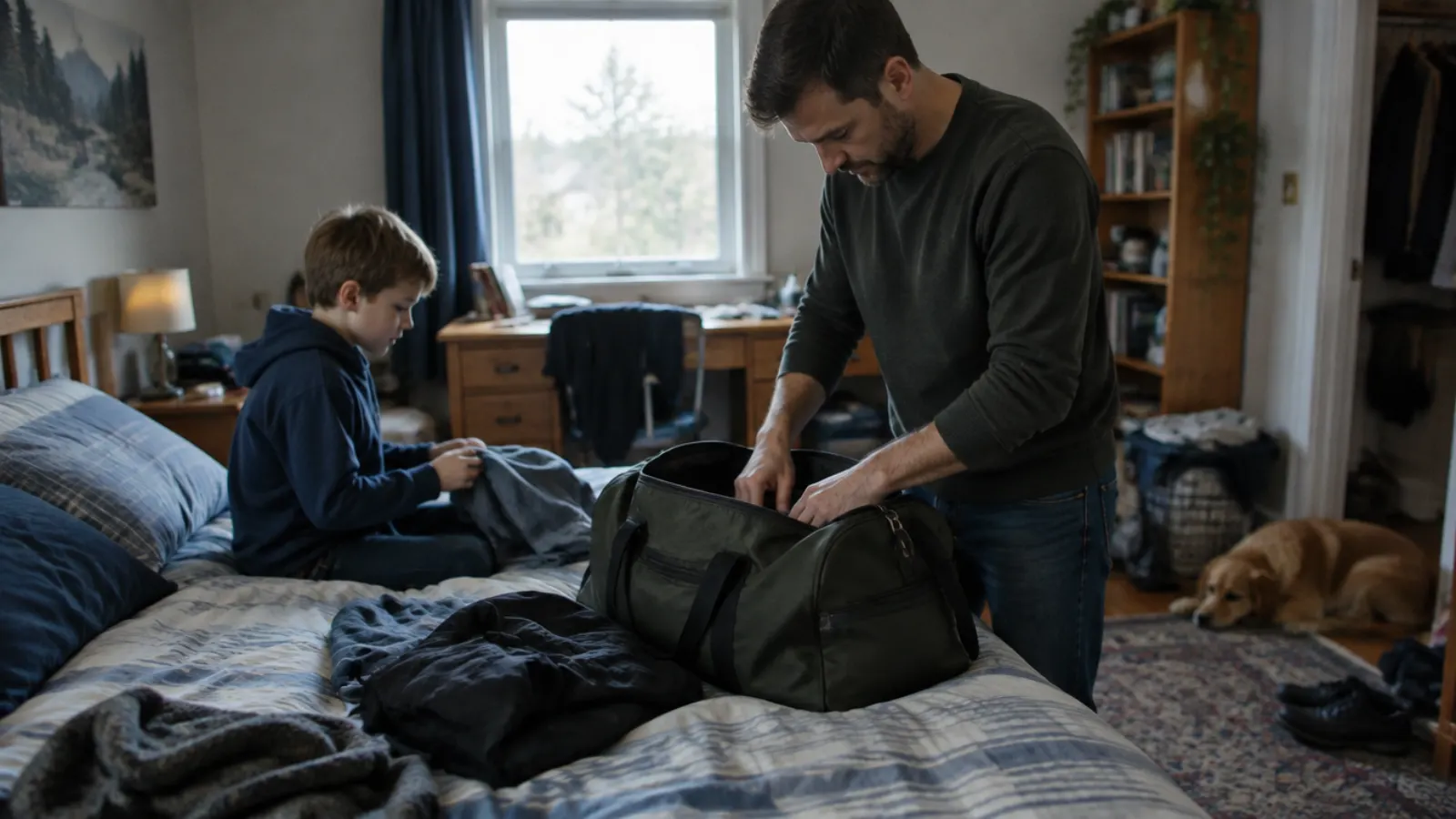 A father packs a weekend bag on his son's bed while the boy folds a shirt and a dog rests nearby.