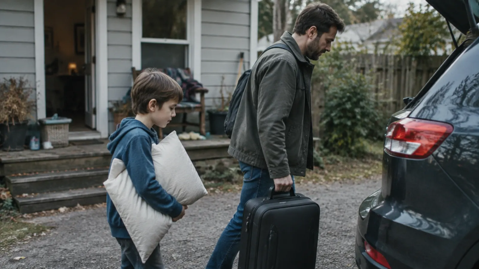 A father carries a suitcase to the car while his son walks beside him hugging a pillow.