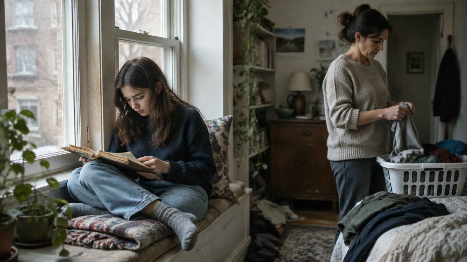 A teenage girl reads an old notebook on a window seat while her mother sorts laundry from a basket nearby.