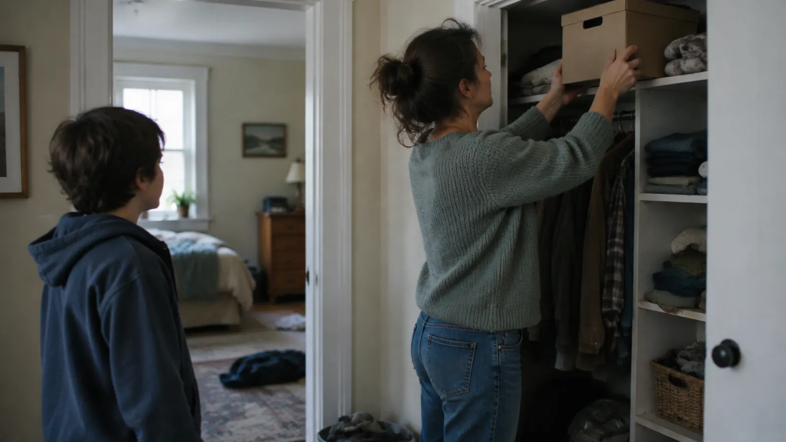 A mother lifts a cardboard box onto a closet shelf while her son watches from the doorway.