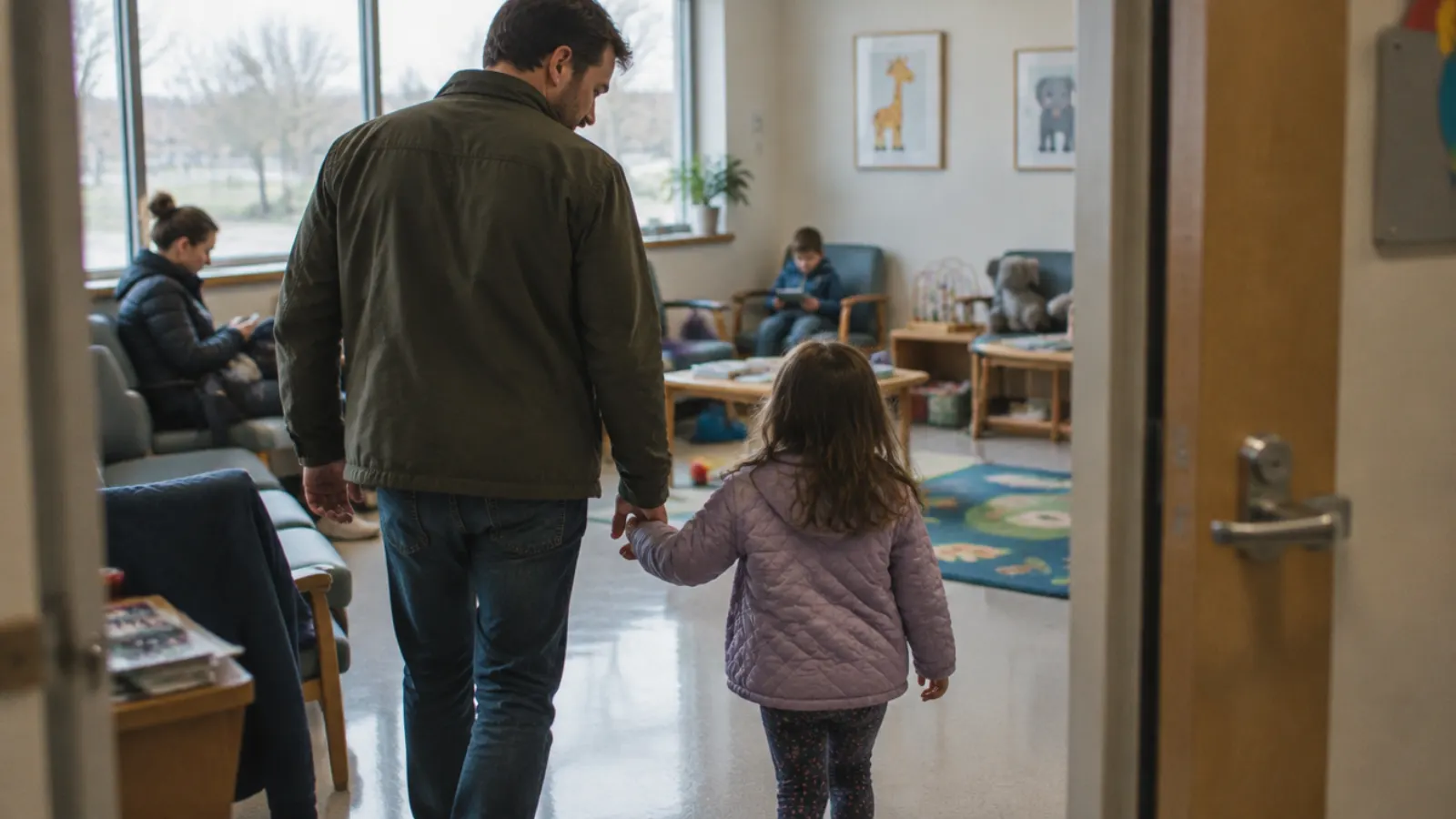 A father walks his daughter by the hand into a pediatrician's waiting room.