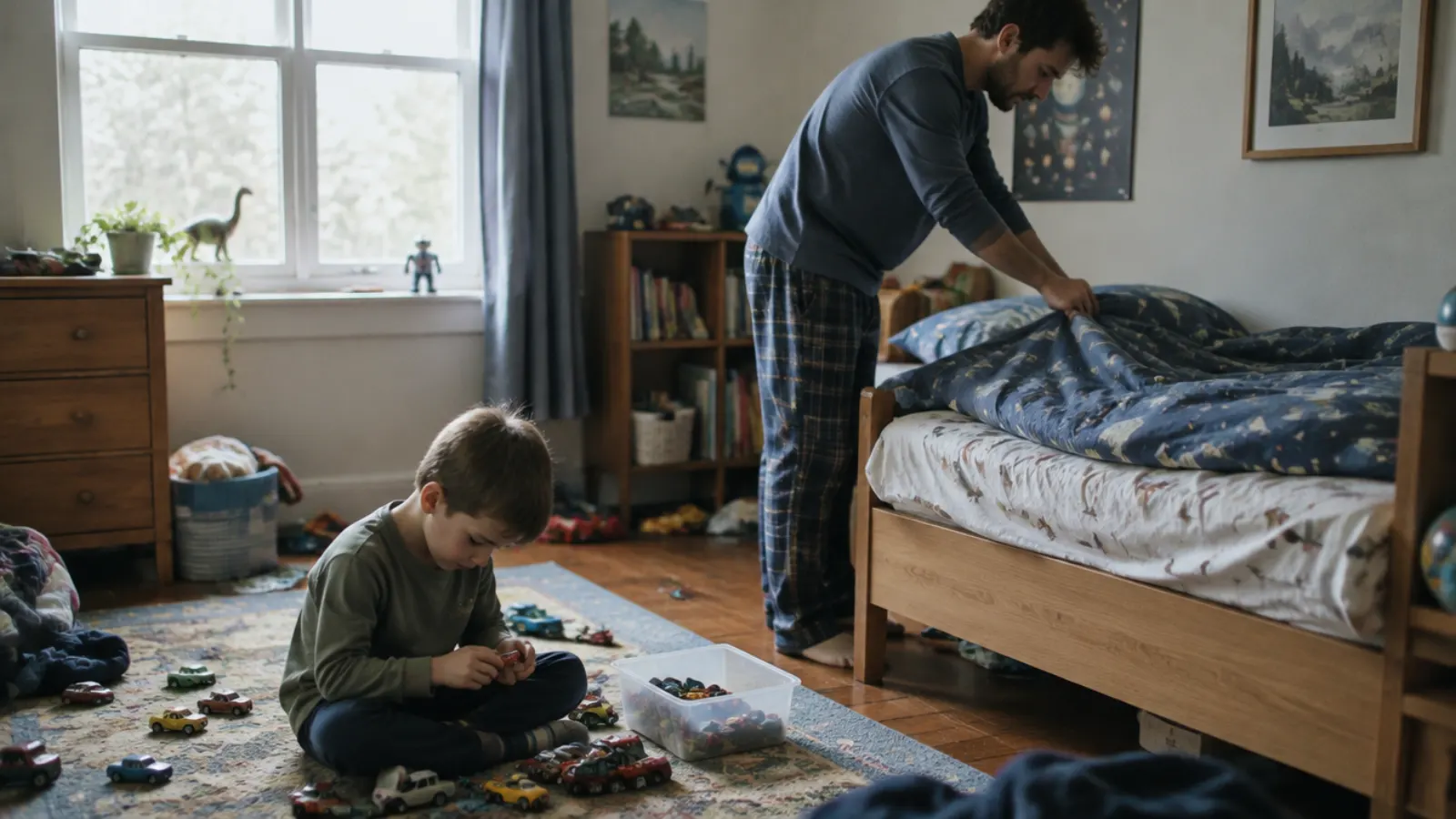 A father makes the bed in a child's room while his son sorts toy cars on the rug.