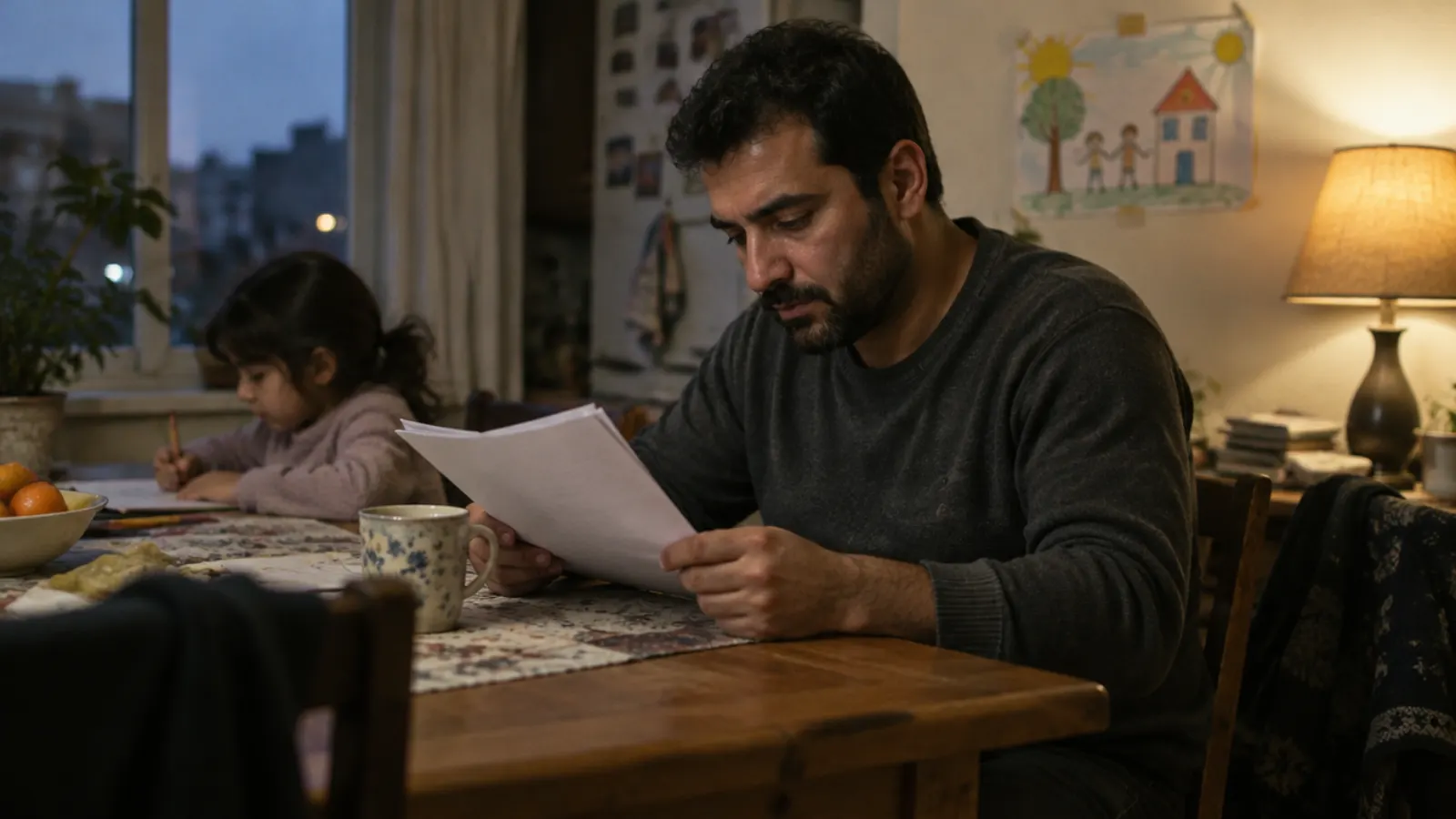 A father reads a stapled document at the kitchen table in the evening lamplight while his young daughter draws at the end of the table.