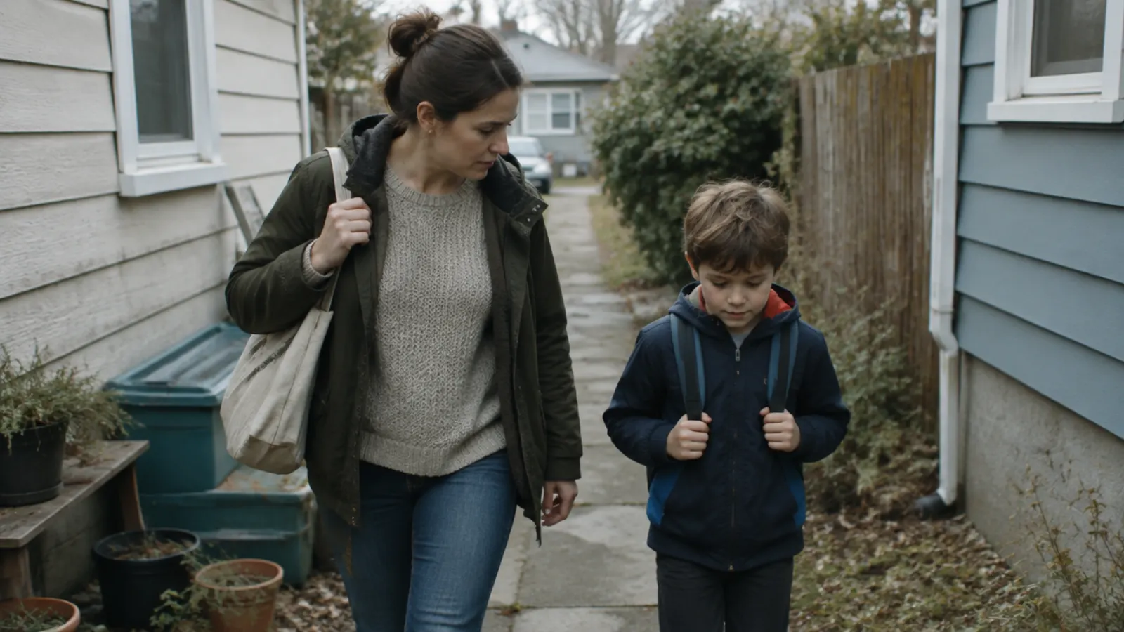 A mother and her son, wearing a backpack, walk down a path between two houses.