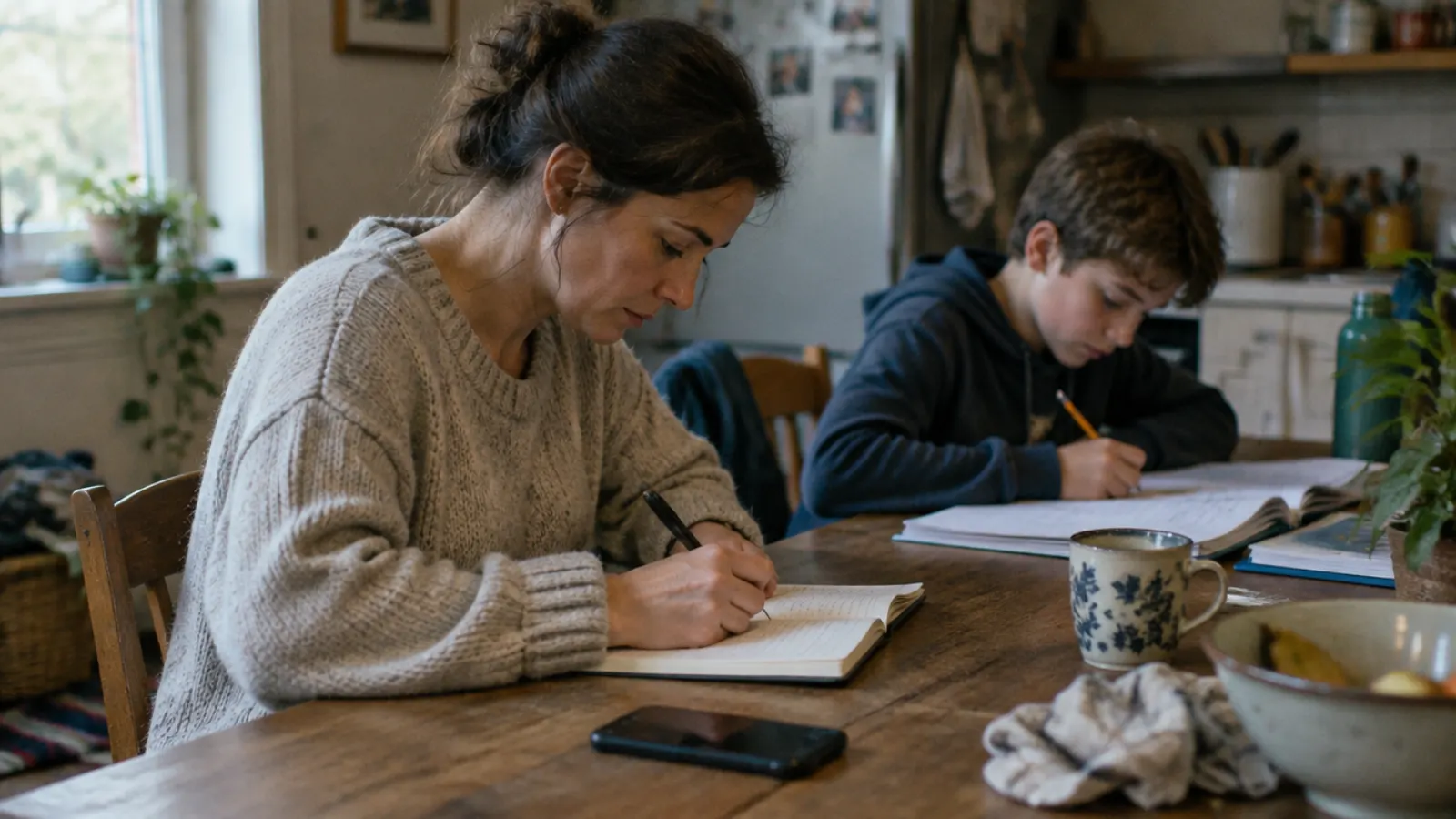 A mother writes in a notebook at the kitchen table while her son does his homework beside her.