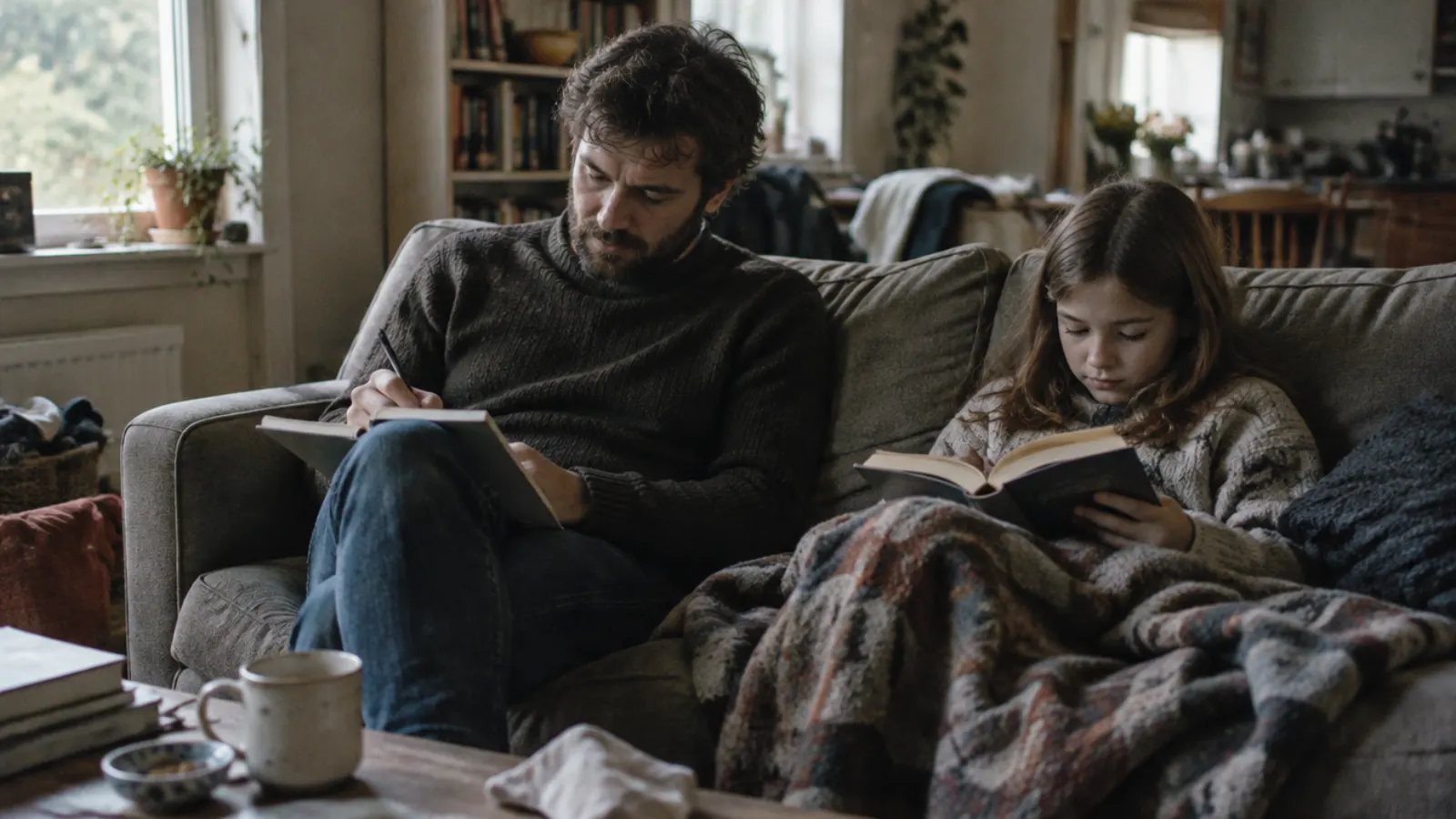 A father writes in a notebook on the sofa while his daughter reads under a blanket next to him.