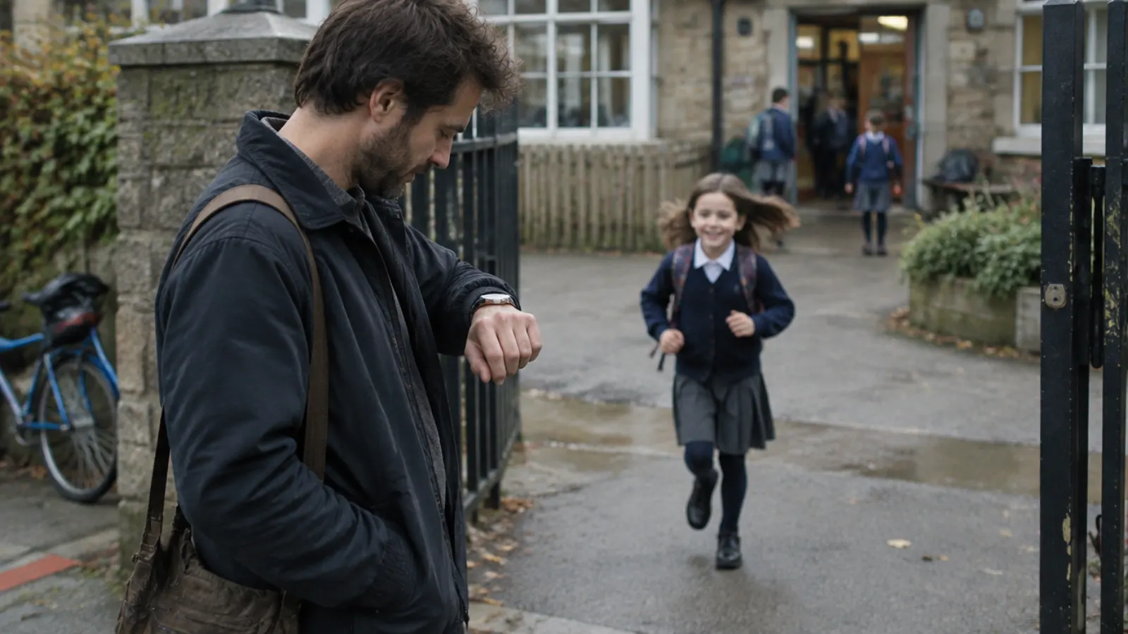 A father checks his watch at the school gate as his daughter runs out to meet him.