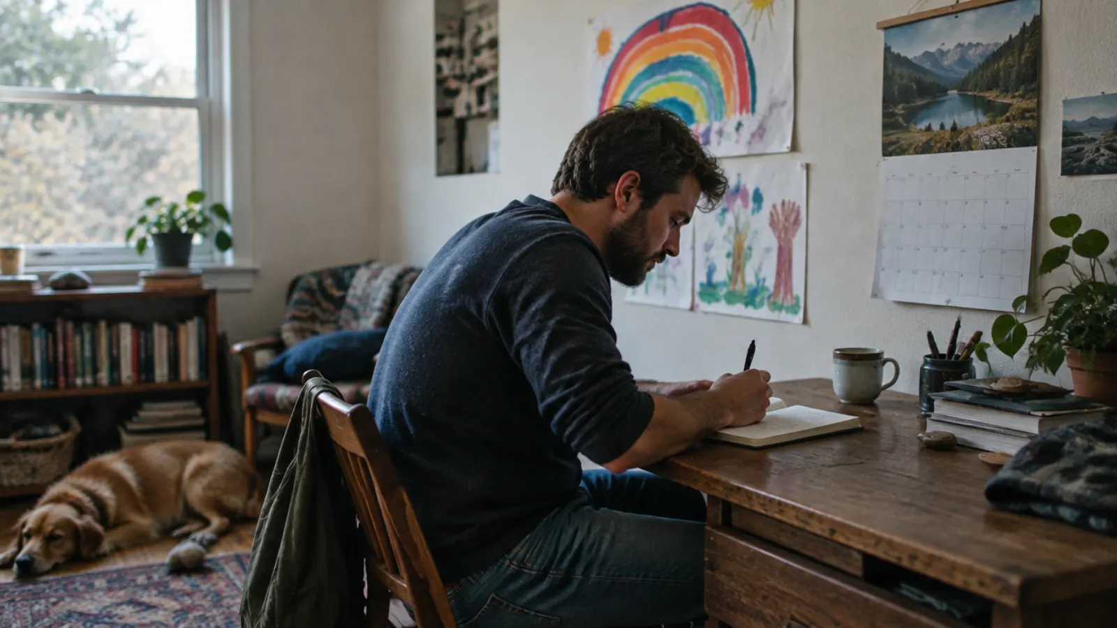 A father writes at a desk below a child's rainbow drawing while a dog rests on the rug.