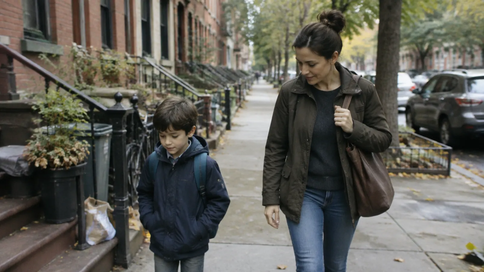 A mother walks her young son along a brownstone sidewalk.