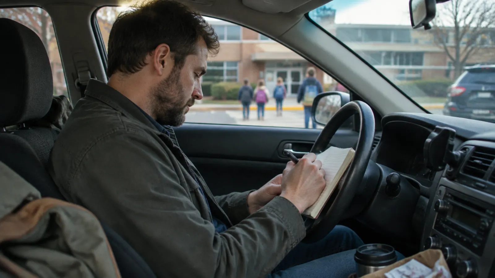 A father writes a note against the steering wheel of his parked car outside a school.