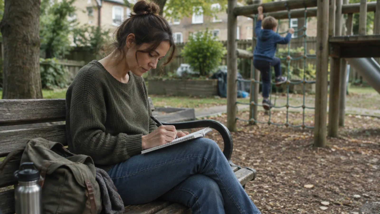 A mother writes in a notebook on a park bench while her son climbs a rope net behind her.