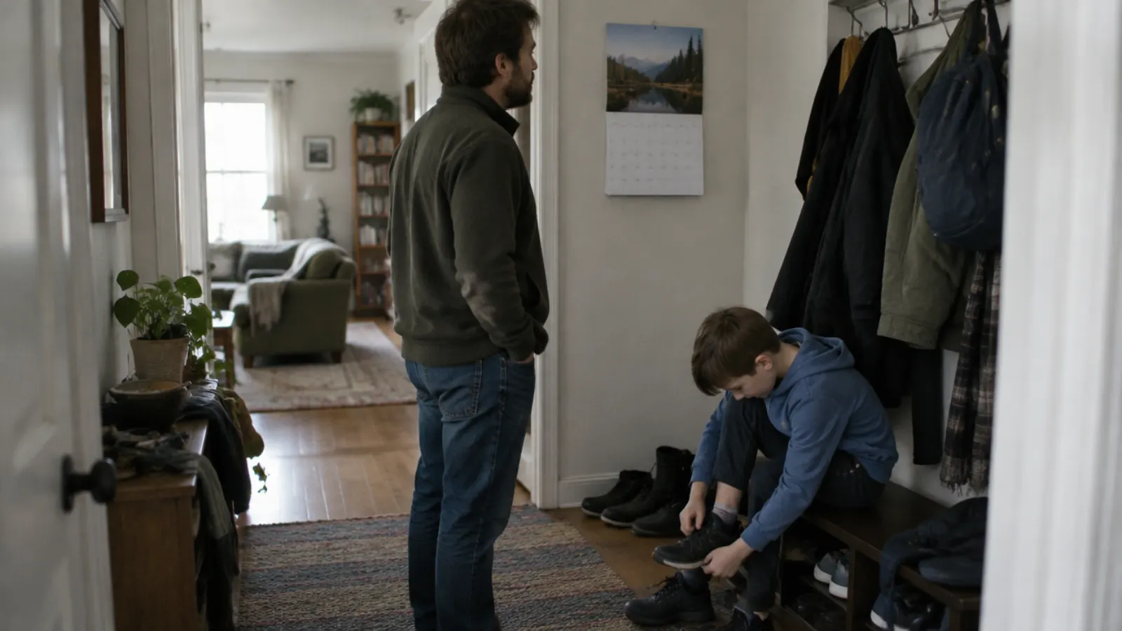 A father stands in the hallway looking at a wall calendar while his son ties his shoes on a bench.