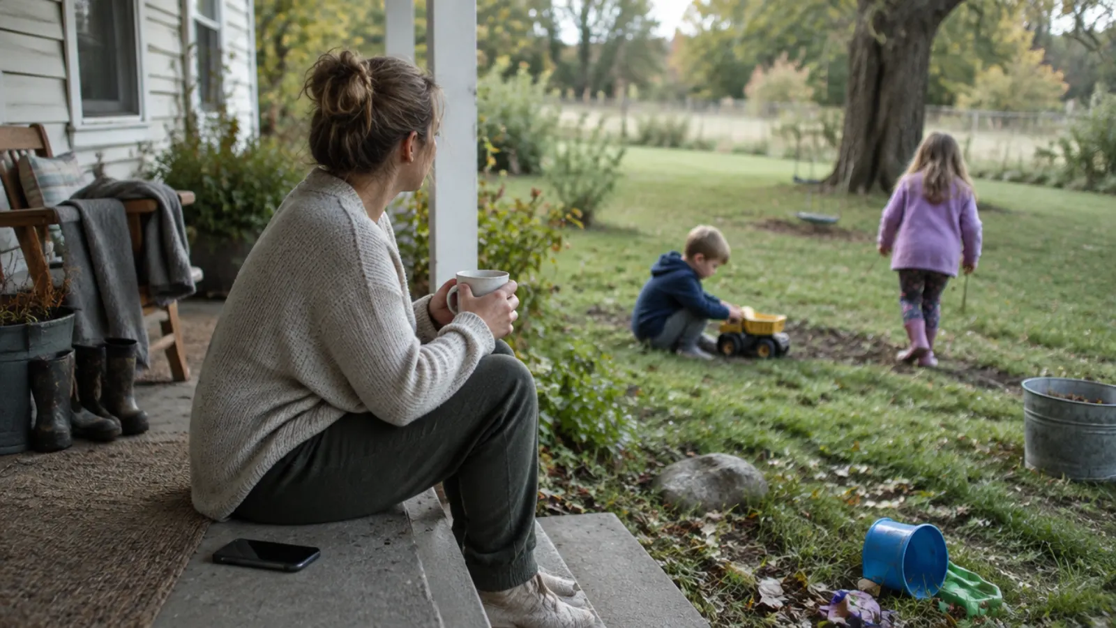 A mother sits on the porch step with a coffee and her phone face down while two children play on the lawn.