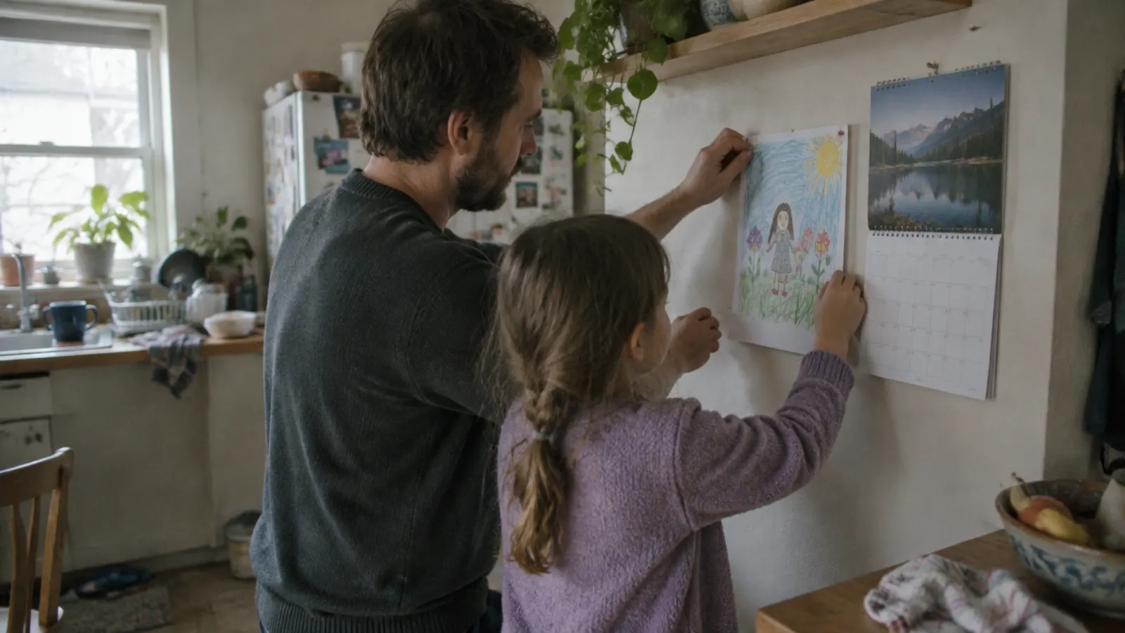 A father and his daughter pin a child's drawing to the wall beside a calendar.