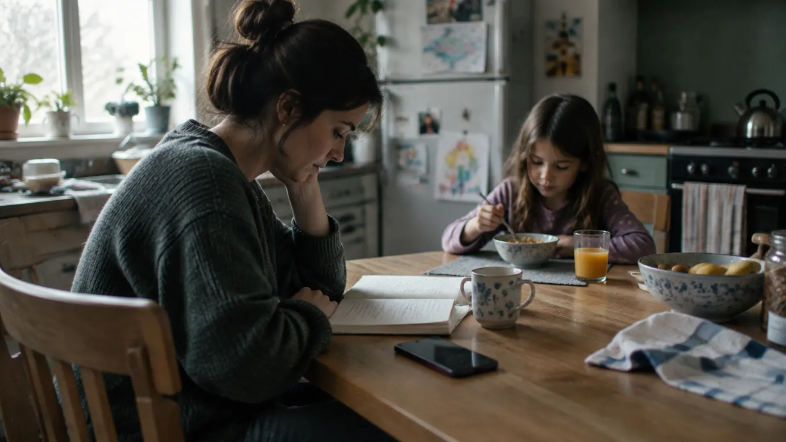 A mother reads her open notebook at the kitchen table, her phone face down, while her daughter eats breakfast.