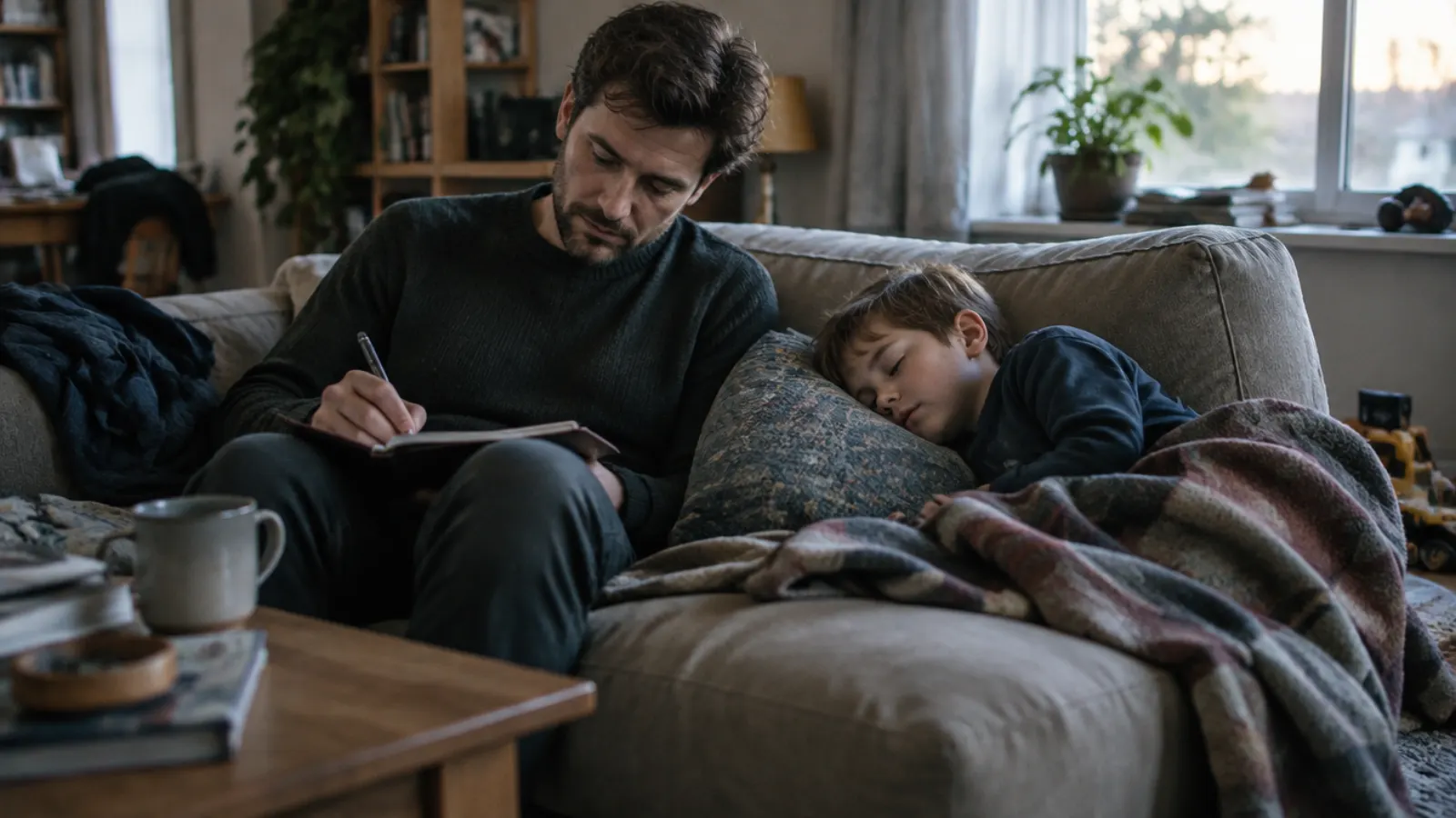 A father writes in a notebook on the sofa while his son sleeps under a blanket beside him.