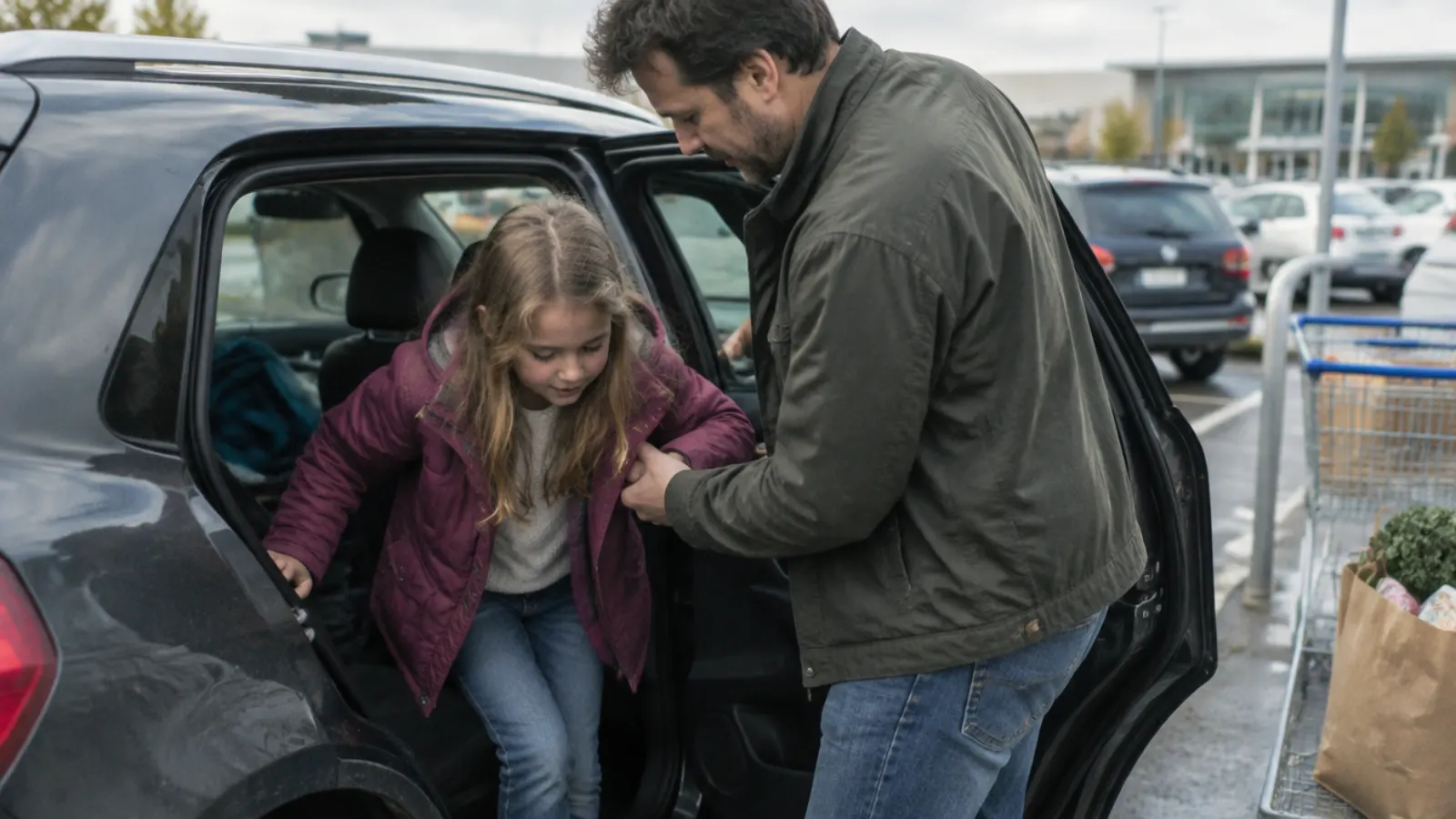 A father helps his daughter out of the back seat of a car in a supermarket parking lot.