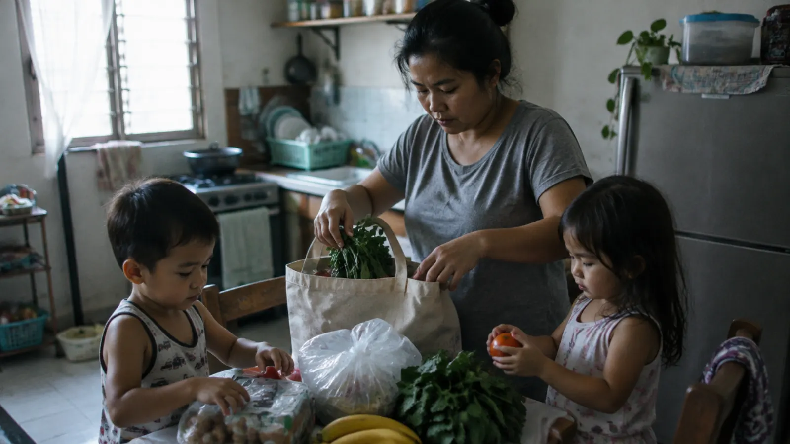 A mother unpacks groceries in a small kitchen with her two young children helping at the table.