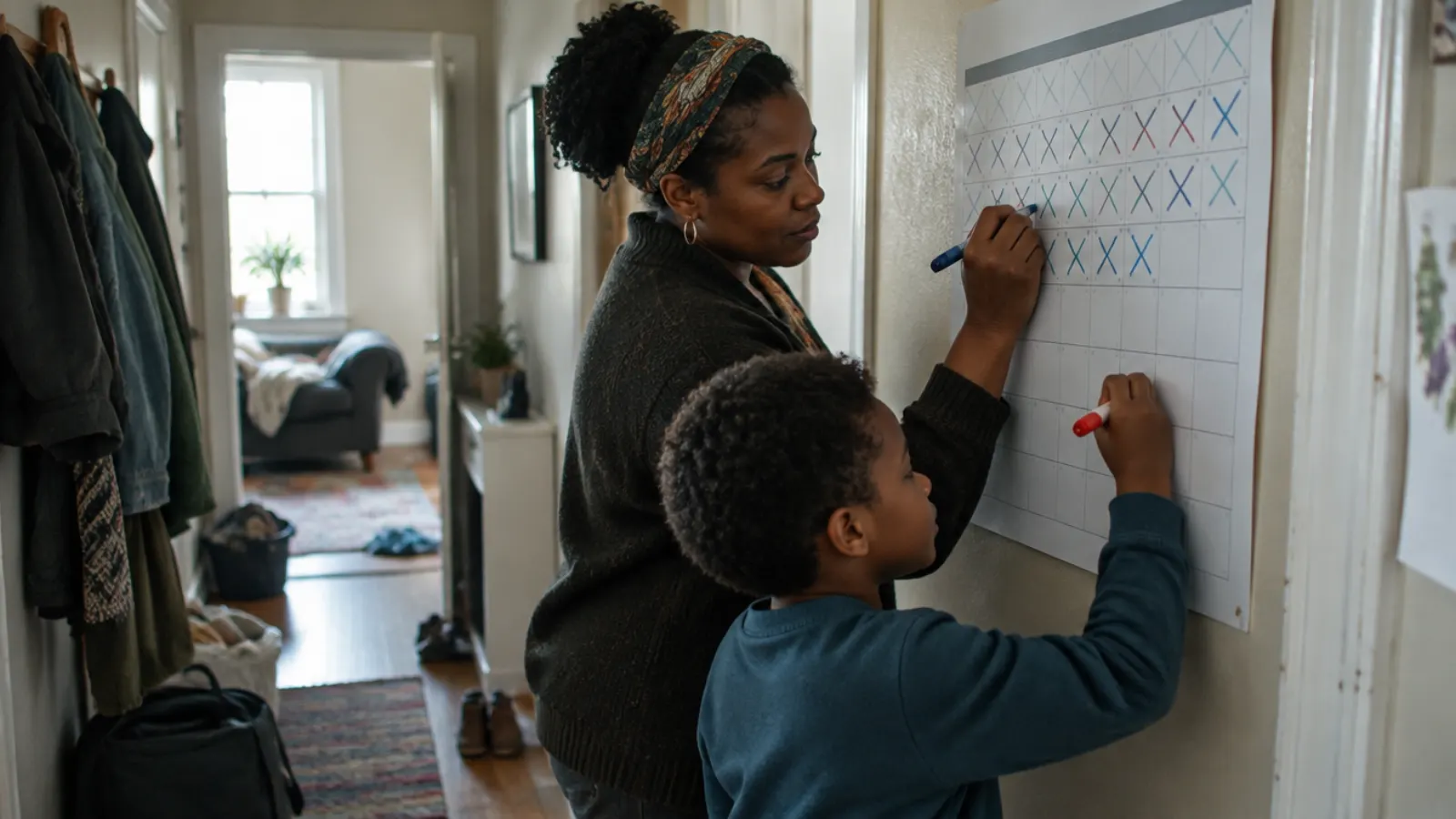 A mother and her son cross off days with markers on a large paper wall calendar in their hallway.
