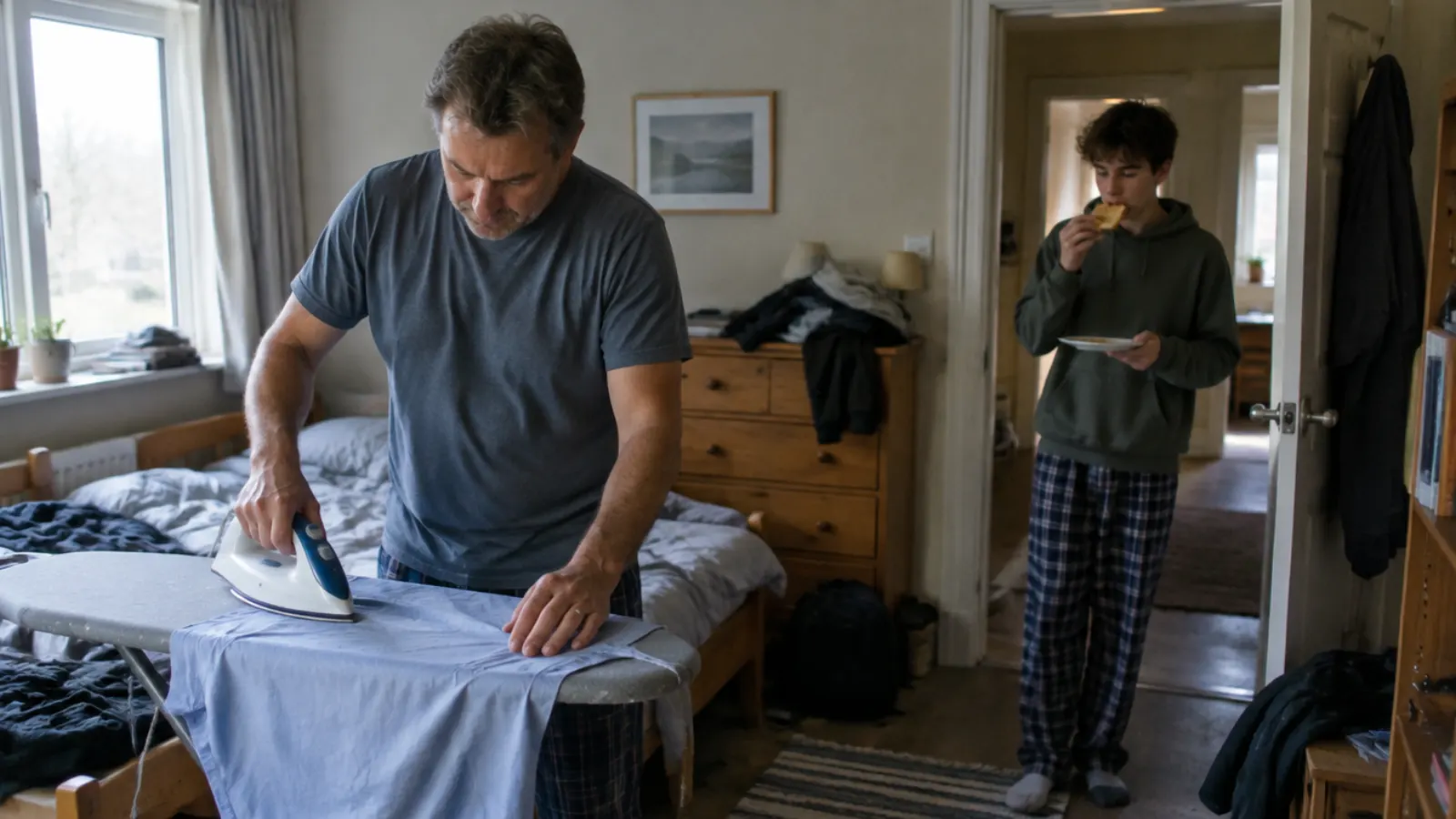 A father irons a shirt in a small bedroom in the morning while his teenage son eats toast in the doorway.