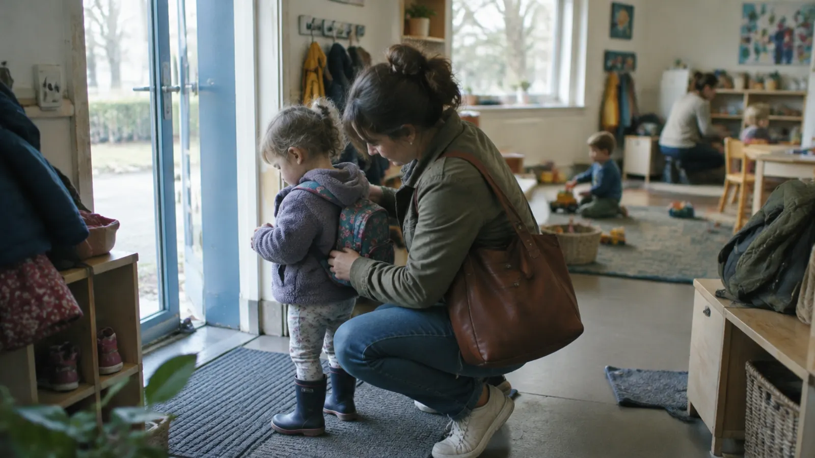 A mother kneels to adjust her toddler's backpack at the entrance of a daycare room.