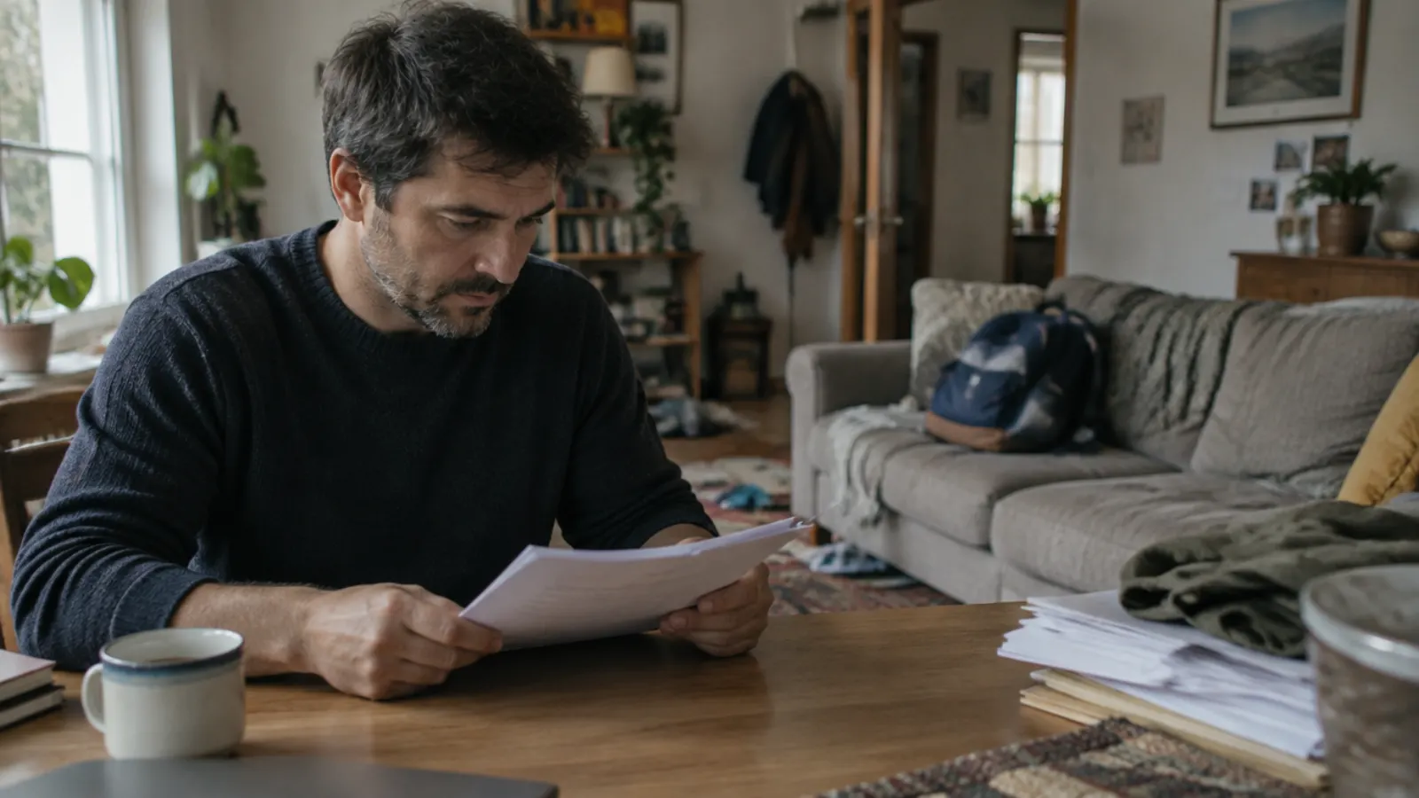 A father reads a stapled paper document at a table, a child's backpack on the sofa behind him.