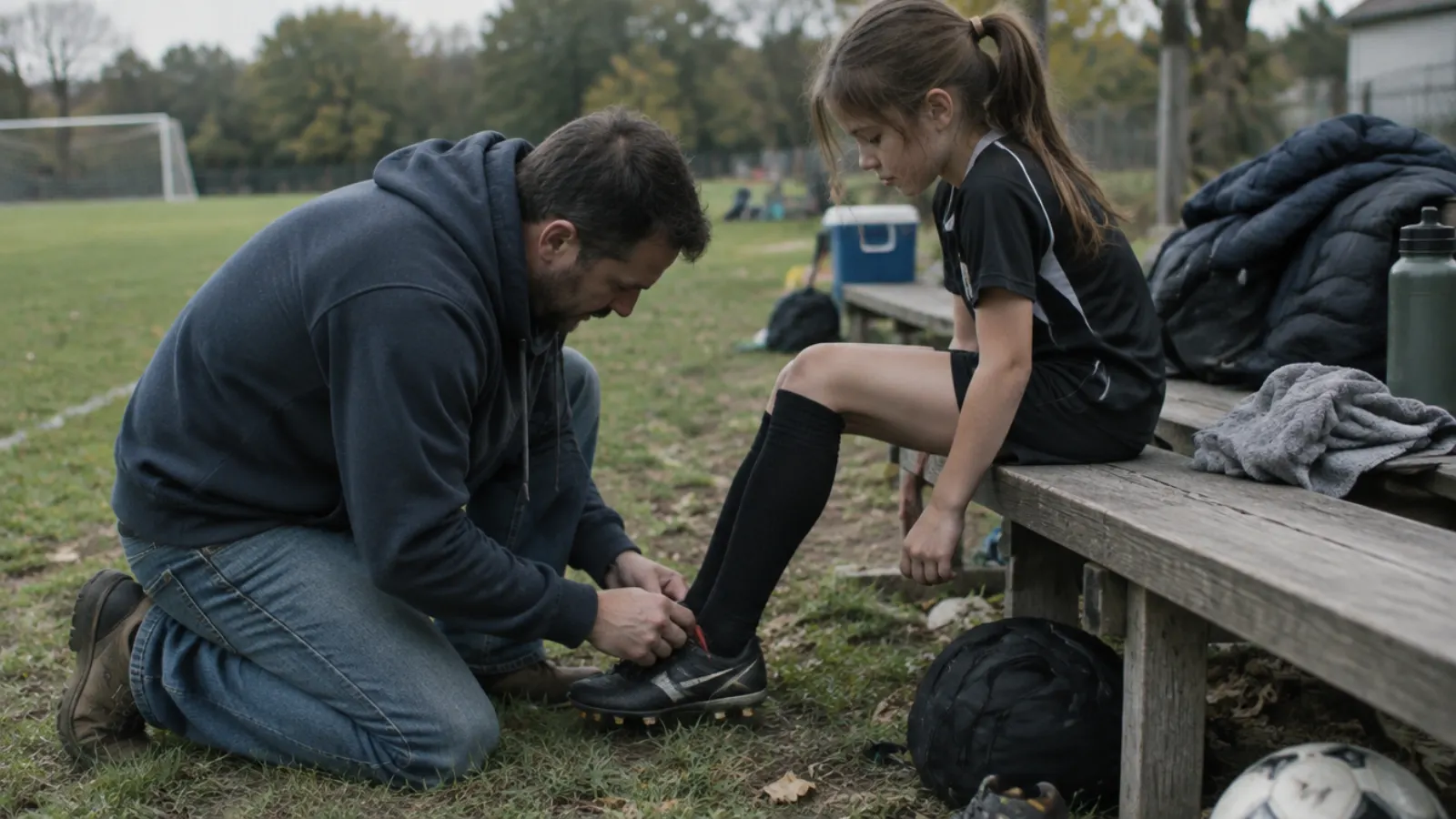 A father kneels to tie his daughter's soccer cleats beside a bench at the edge of a grass field.