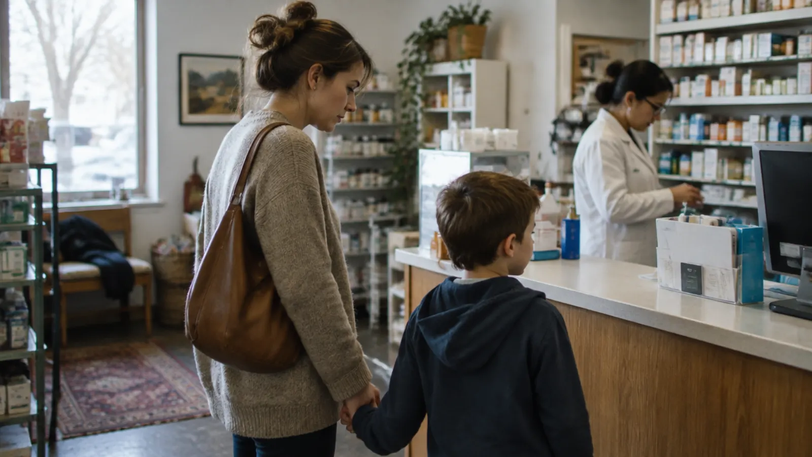 A mother holds her son's hand as they wait at a pharmacy counter.