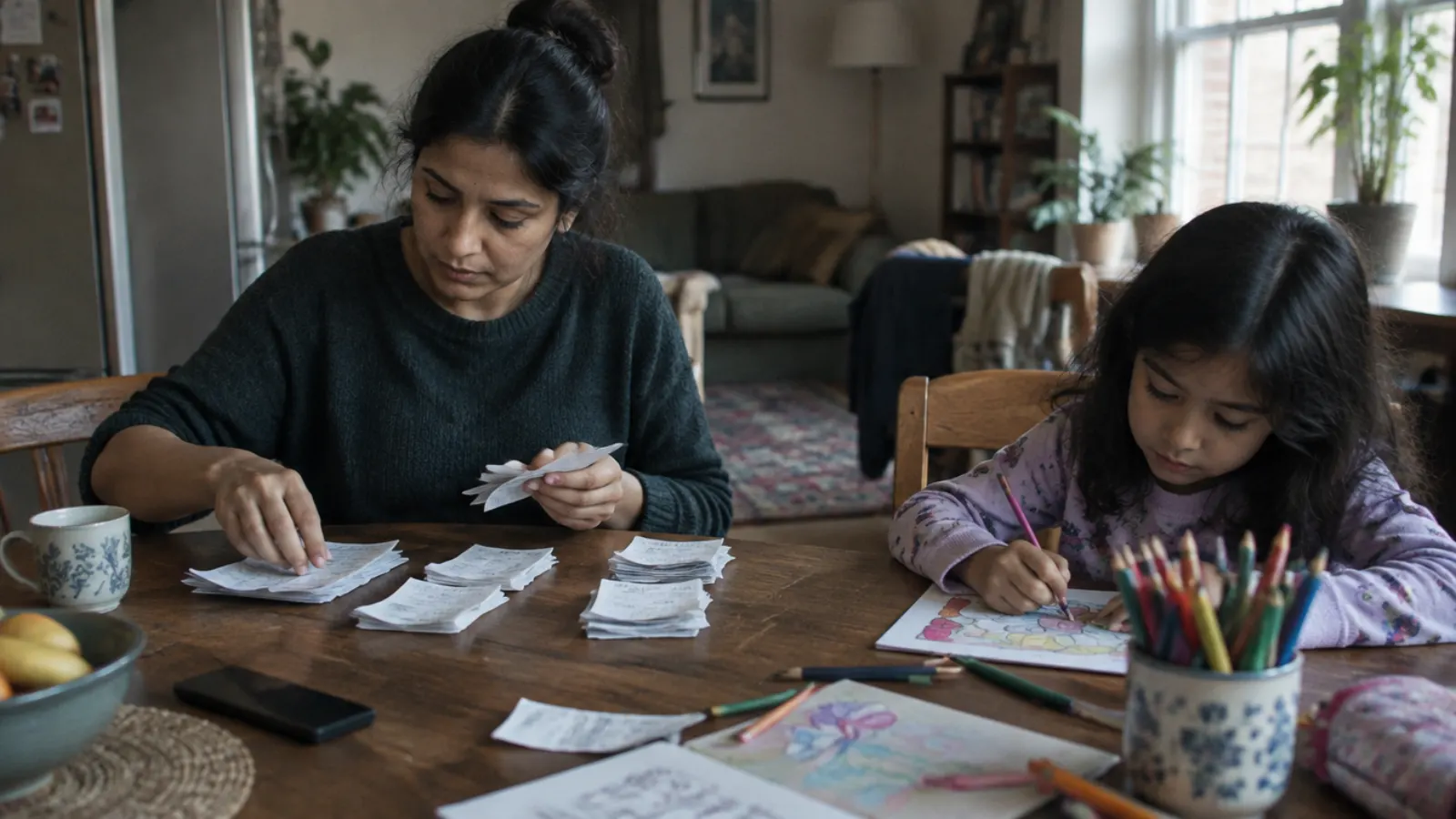 A mother sorts paper receipts into piles at the dining table while her daughter draws with coloured pencils beside her.