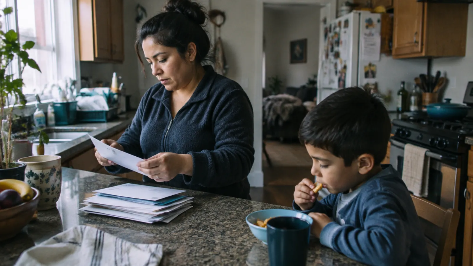 A mother opens mail at the kitchen counter while her son eats a snack beside her.