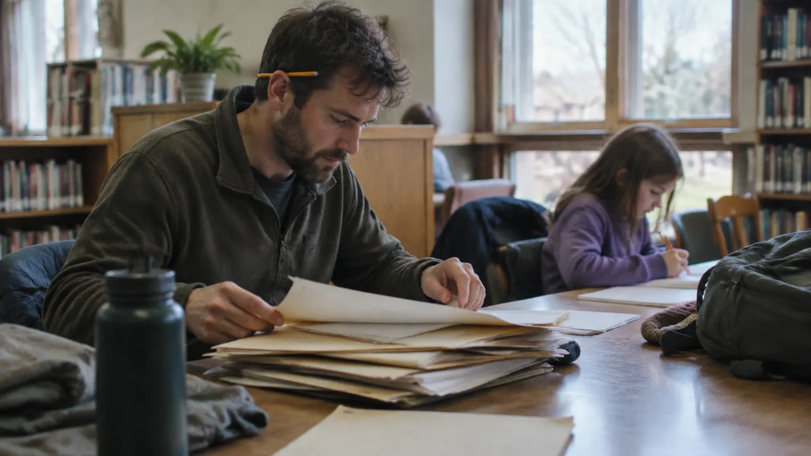A father works through a stack of folders at a library table, a pencil tucked behind his ear.