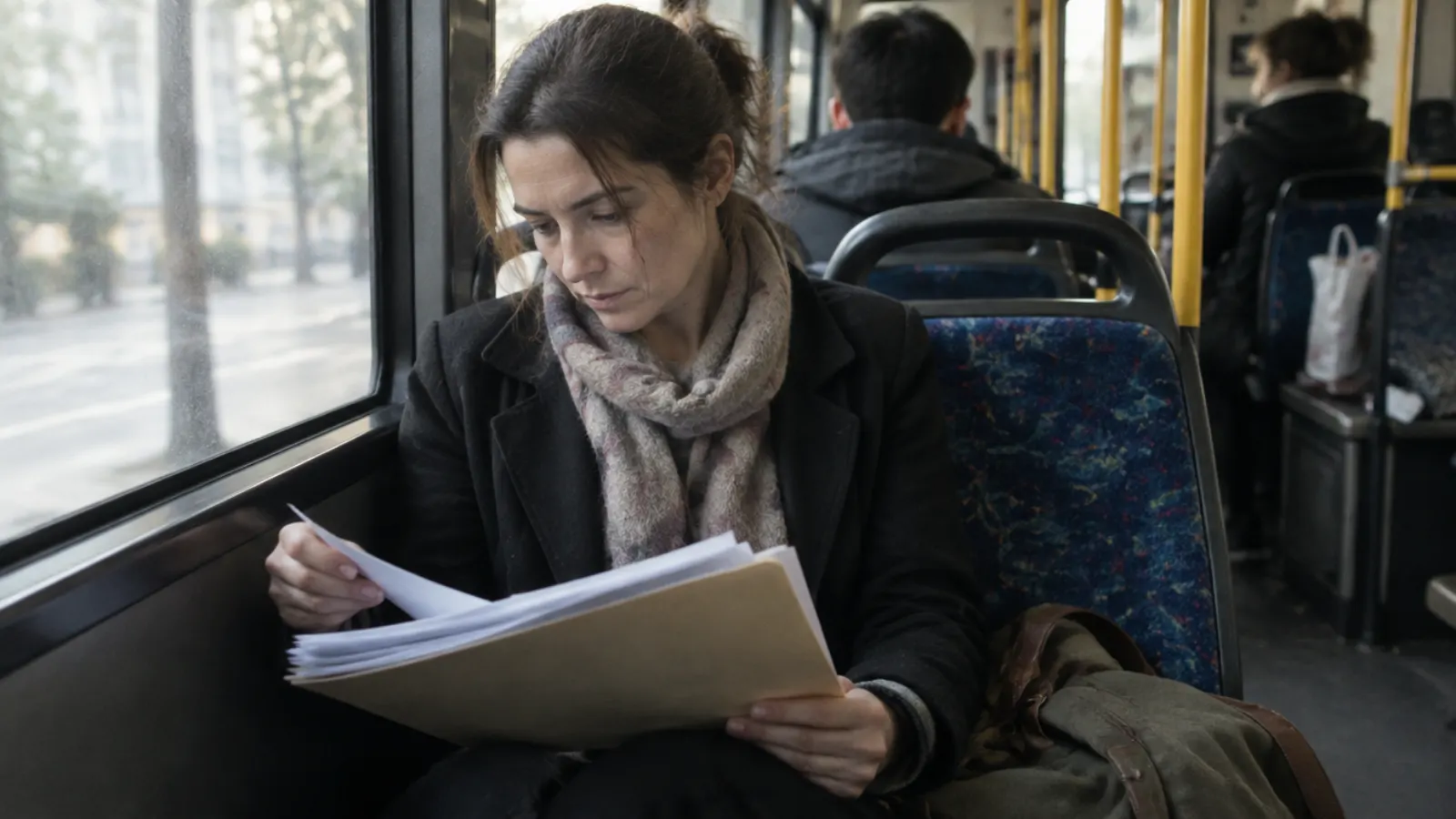 A mother reads through a folder of papers in a window seat on a city bus in the morning.