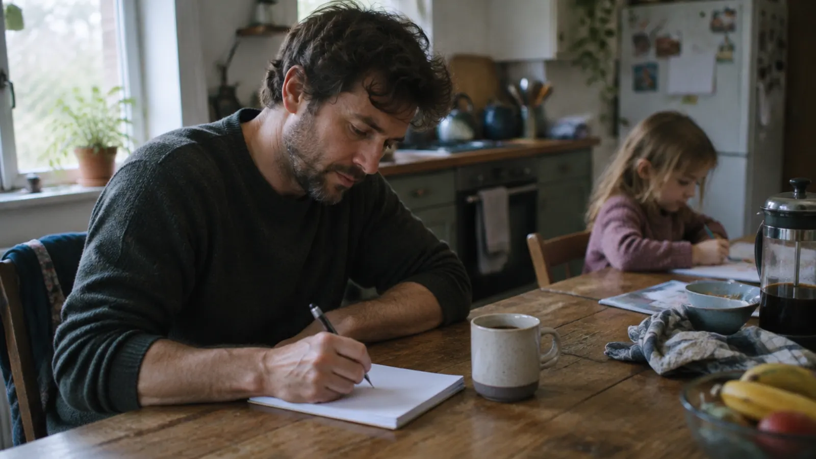 A father writes on a notepad at the kitchen table in the morning while his daughter draws behind him.