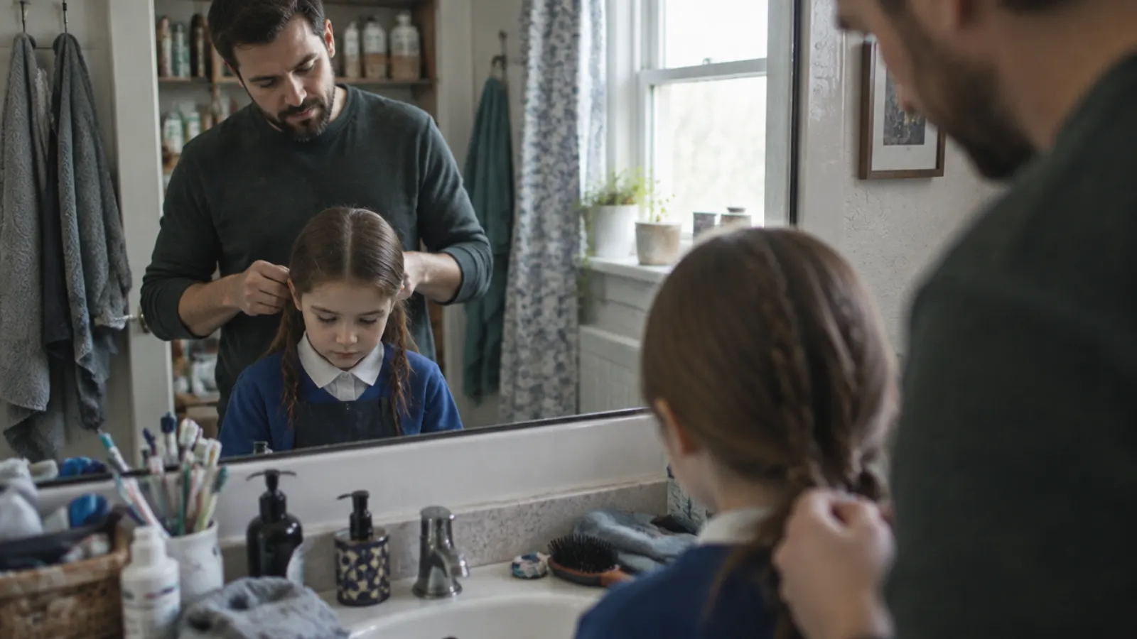 A father braids his daughter's hair in front of a bathroom mirror before school.