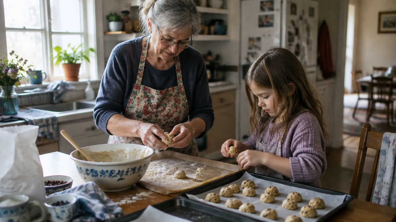 A grandmother in an apron shapes cookie dough with her granddaughter at the kitchen table.