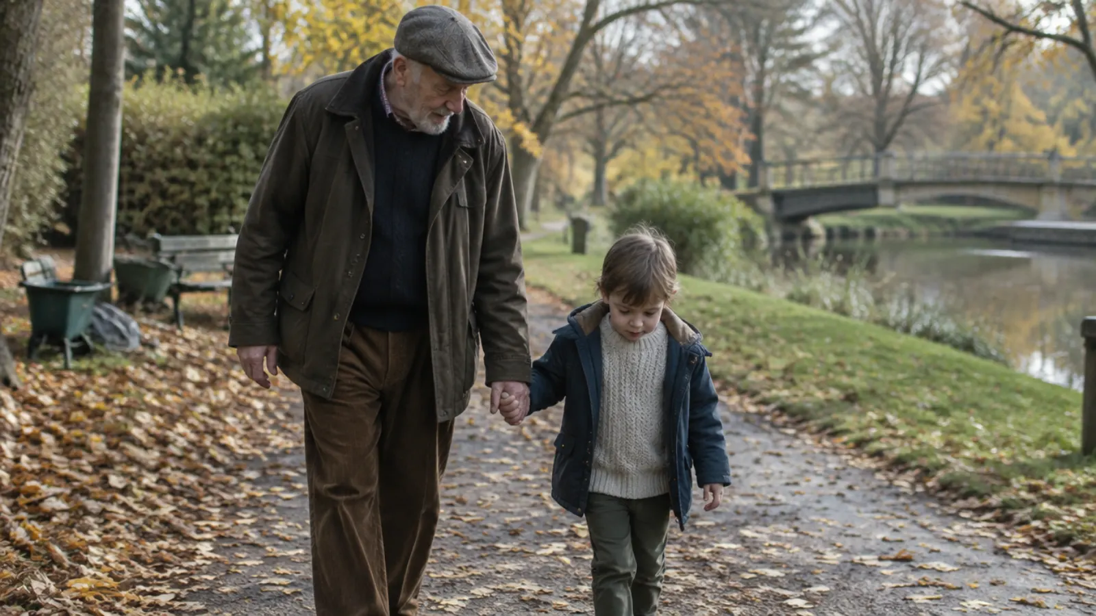 A grandfather in a flat cap walks hand in hand with his young grandson along a leaf covered park path in autumn.