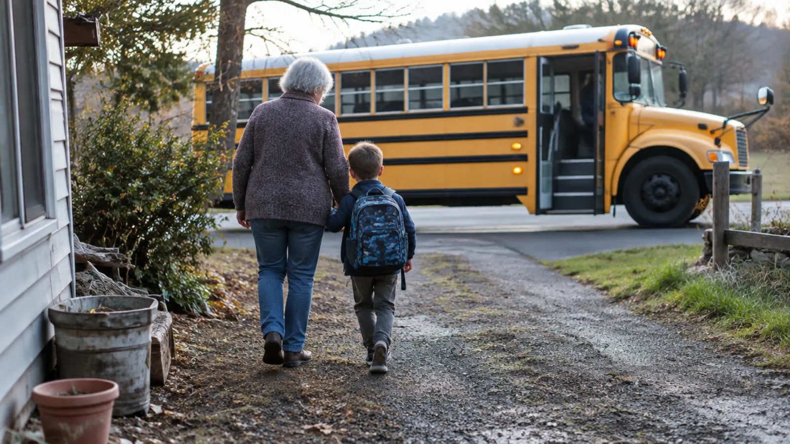 A grandmother walks her grandson, wearing a backpack, down the driveway toward a waiting school bus.