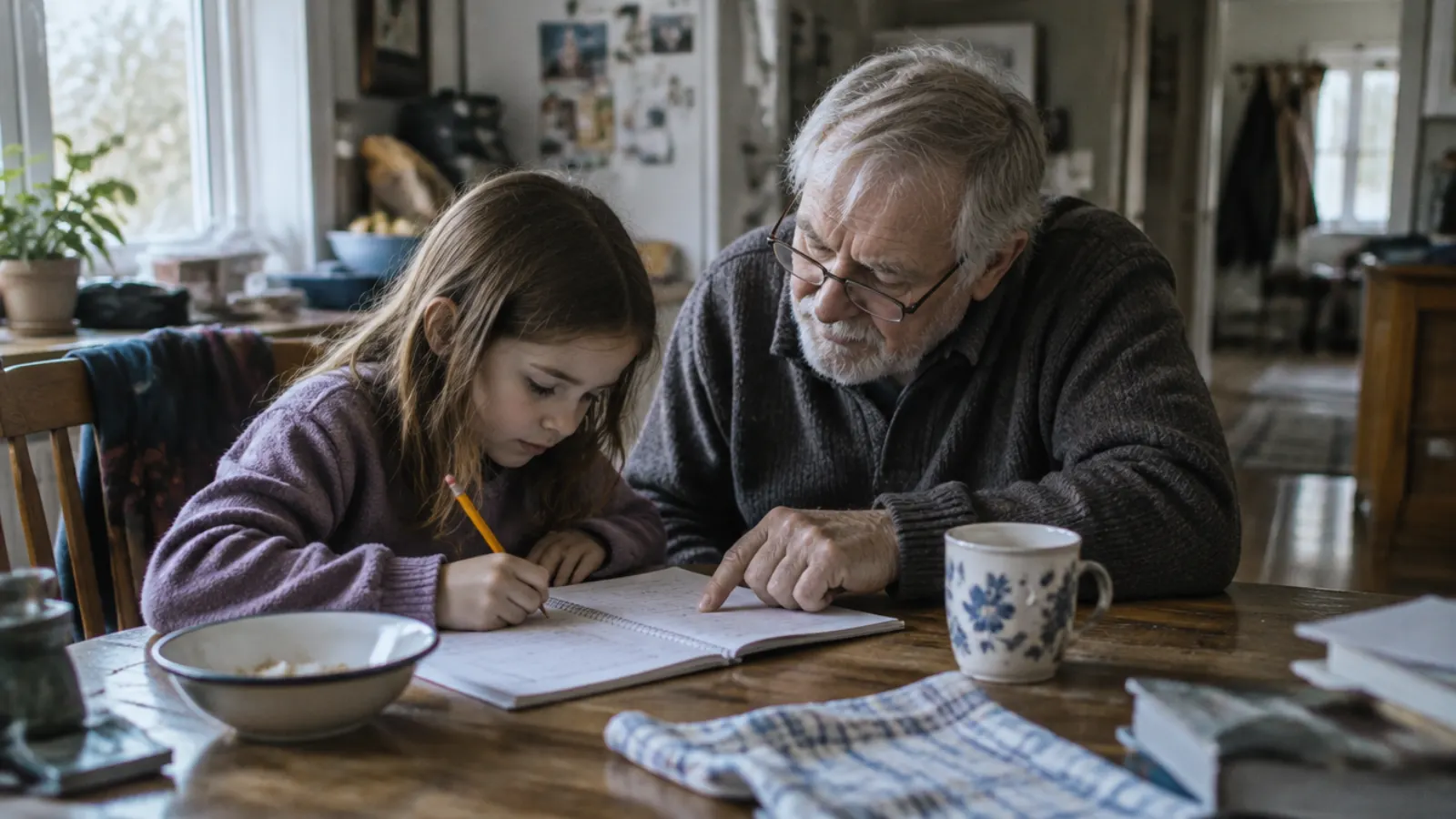 A grandfather points to a line in a notebook as his granddaughter does math homework at the kitchen table.