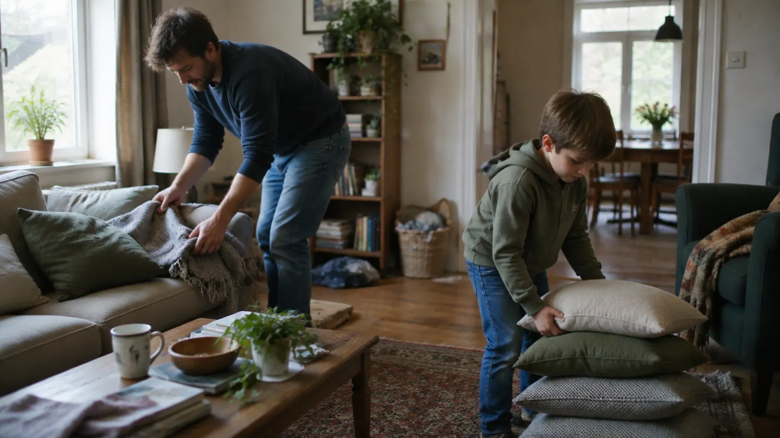 A father folds a throw on the sofa while his son stacks cushions in the living room.