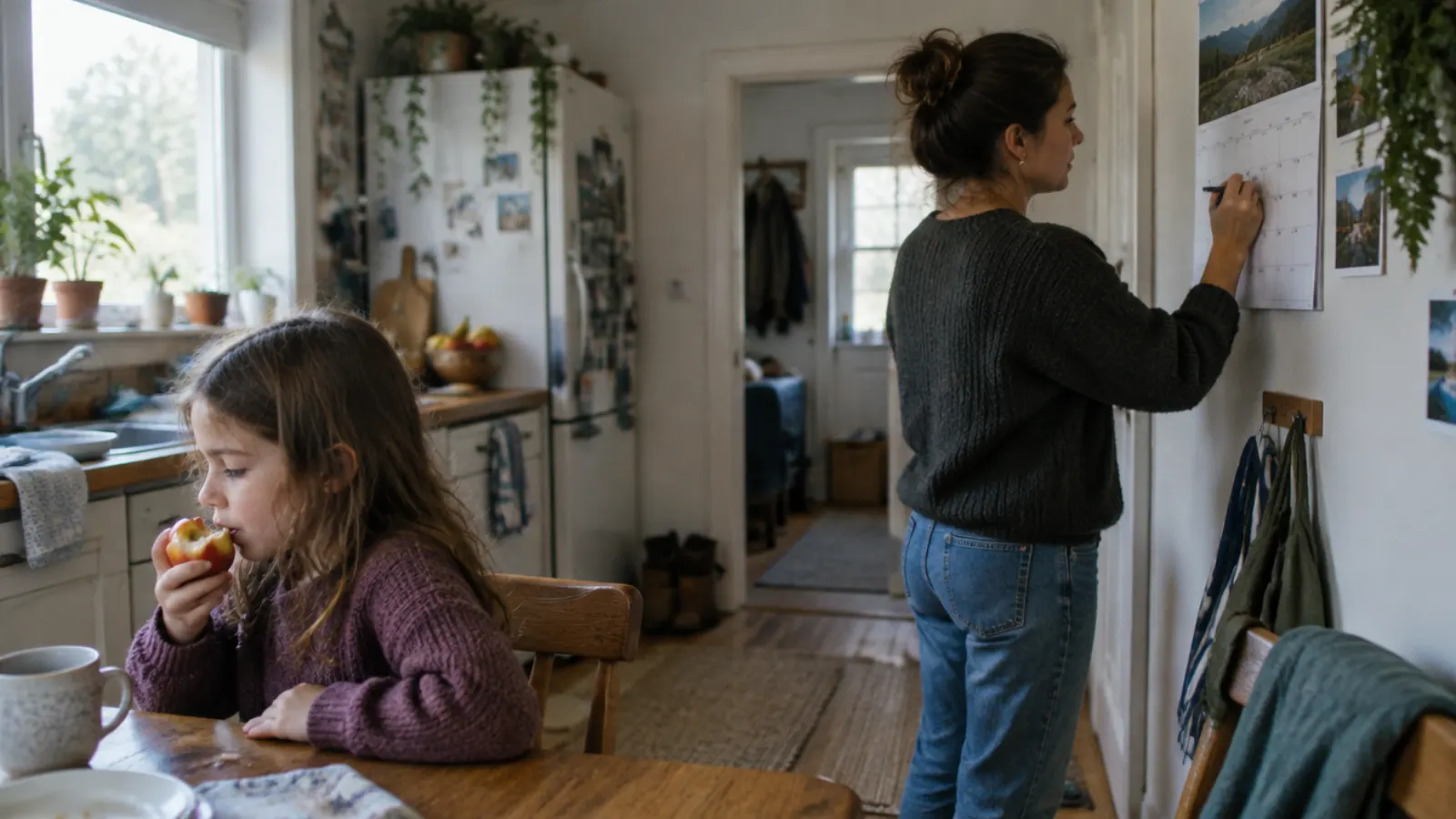 A mother writes on a wall calendar in the kitchen while her daughter eats an apple at the table.