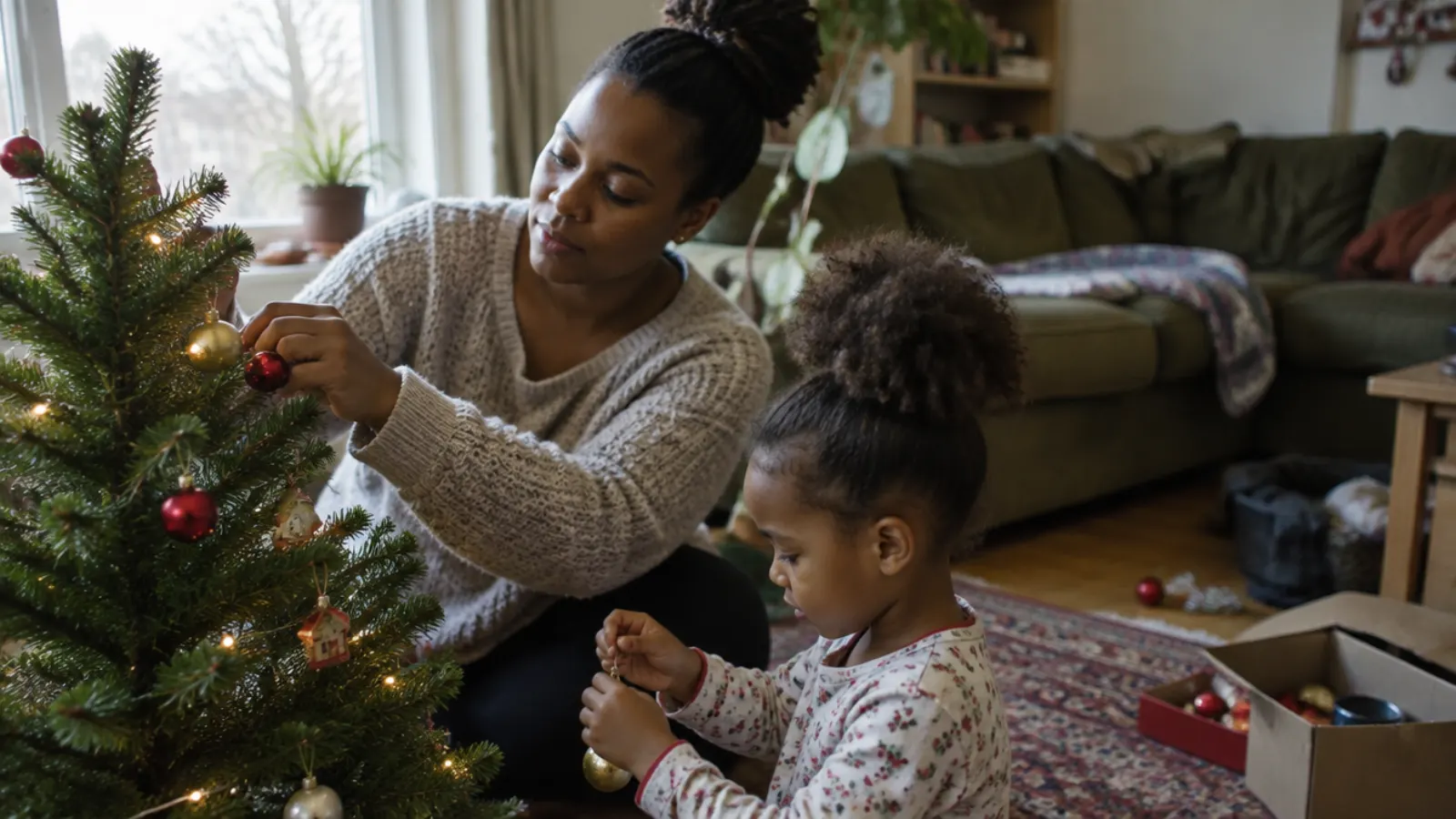 A mother and her young daughter hang ornaments on a small holiday tree in their living room.