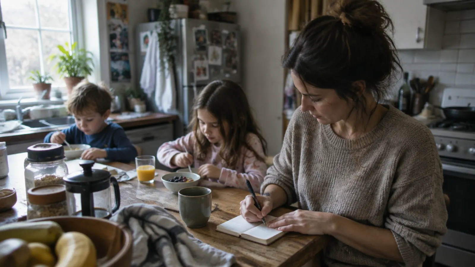 A mother writes in a small notebook at the kitchen table while her two children eat breakfast.