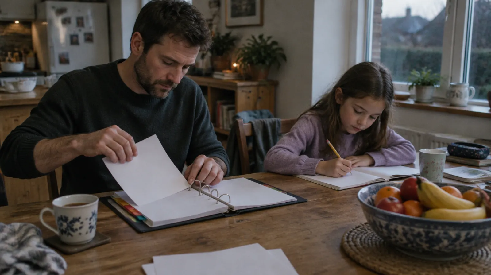 A father files pages into a ring binder at the kitchen table while his daughter does her homework beside him