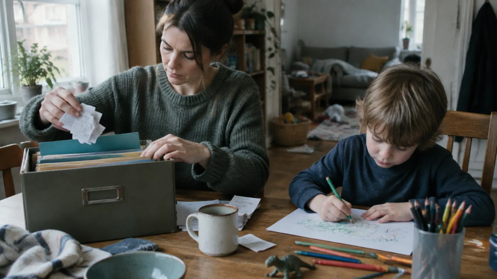 A mother sorts paper receipts from a file box at the table while her son draws beside her.