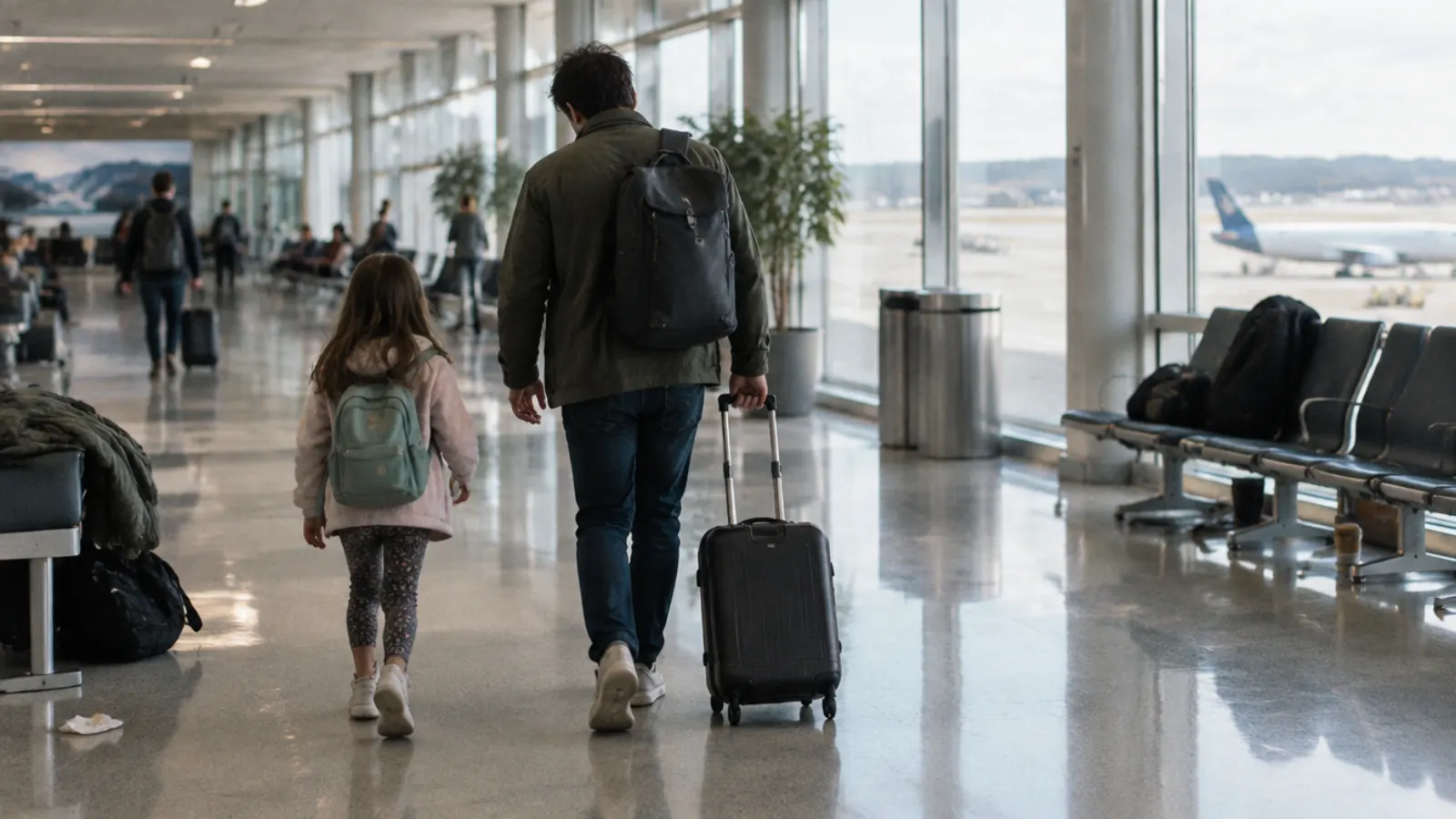 A father pulls a small suitcase through a bright airport terminal beside his daughter, both seen from behind.